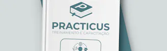 Mockup da Practicus em um livro para indicar os módulos