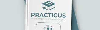 Mockup da Practicus em um livro para indicar os módulos