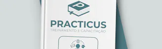 Mockup da Practicus em um livro para indicar os módulos