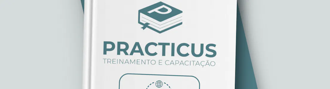 Mockup da Practicus em um livro para indicar os módulos