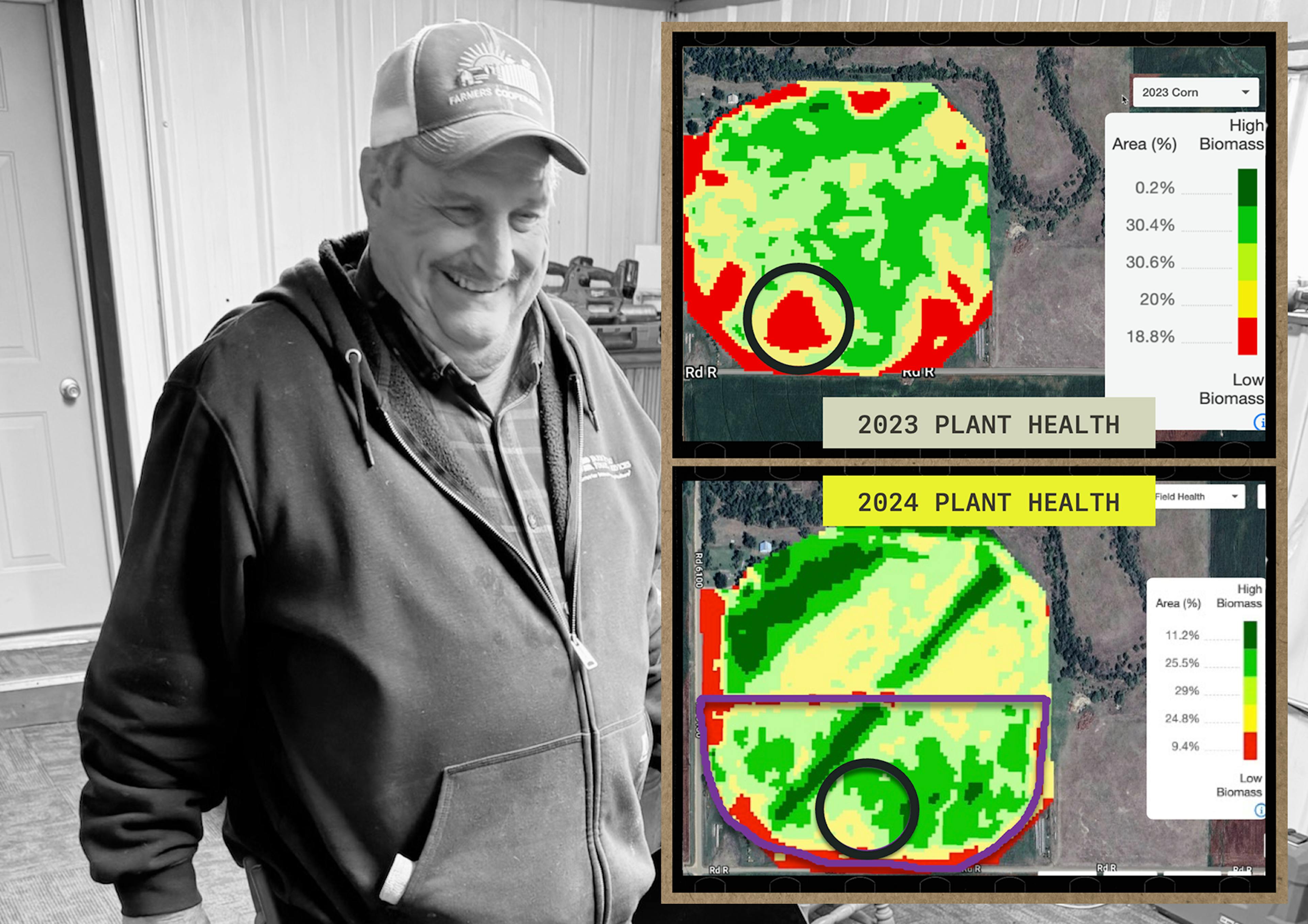 Farmer smiling next to increased plant health graphics