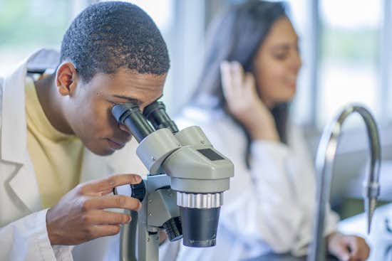 High School student studying medicine using microscope High School student studying medicine using microscope