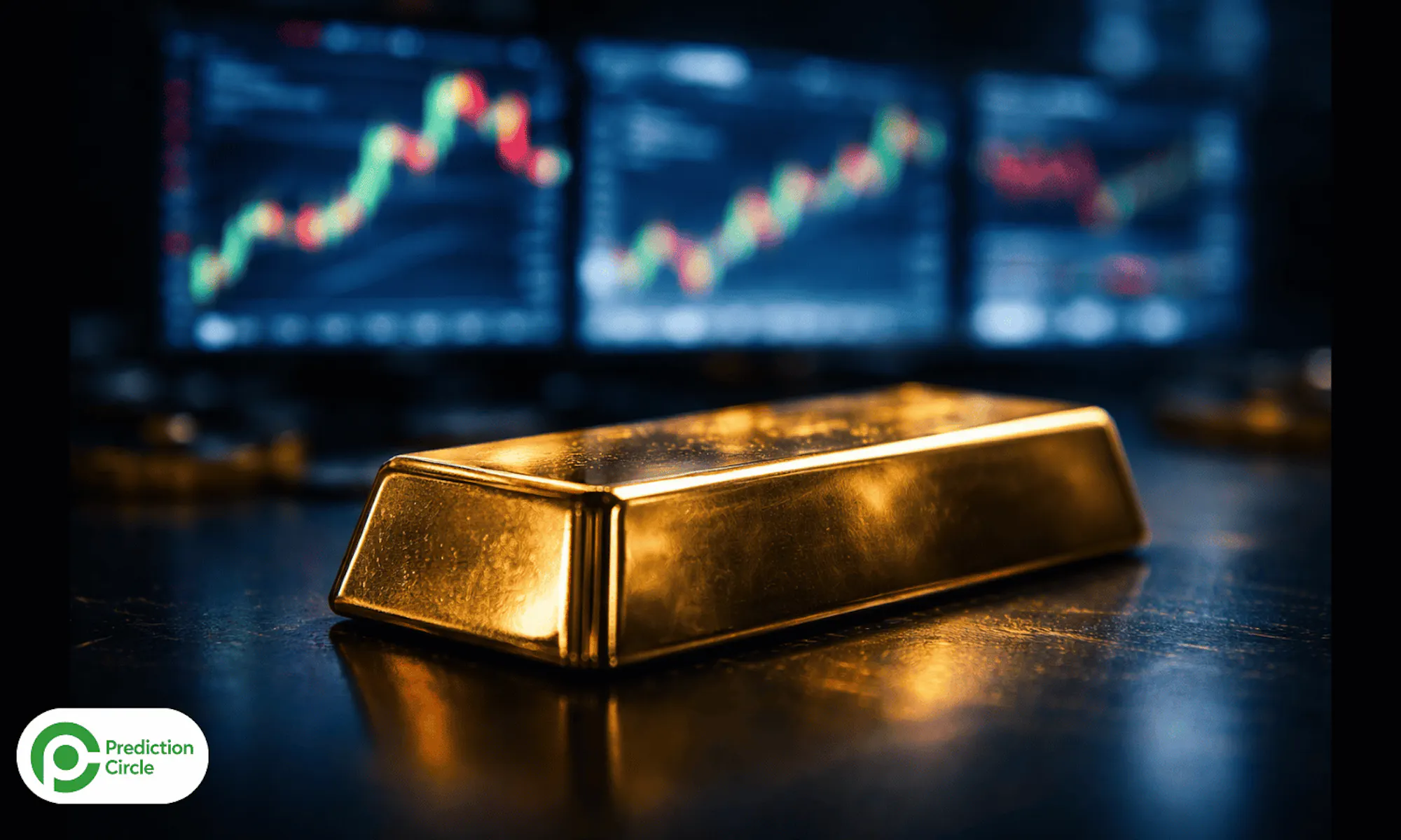 Gold bar against trading screens - gold price barometer amid stagflation signals, April 2026