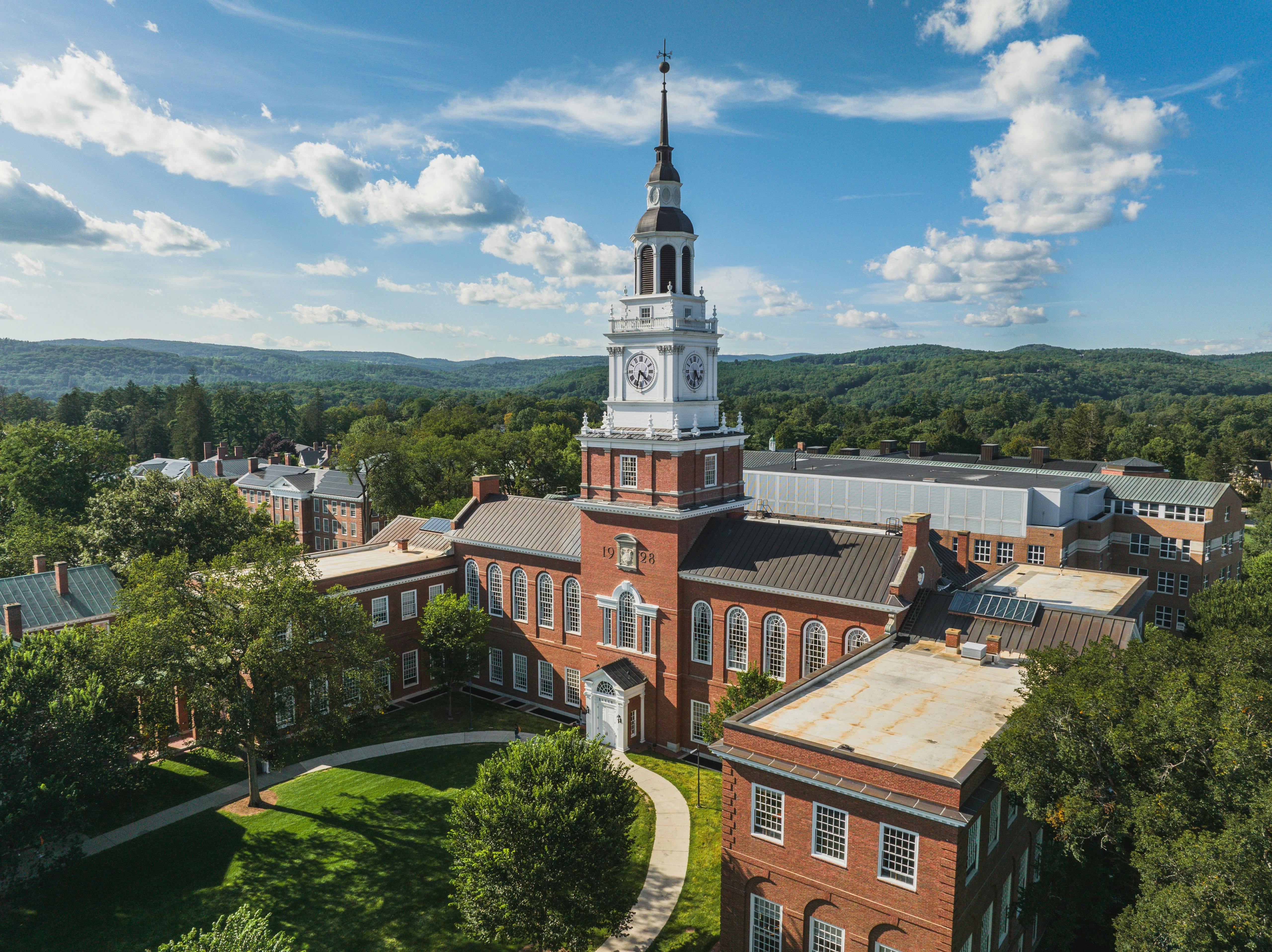 Aerial image of Baker-Berry Library on Dartmouth College campus.