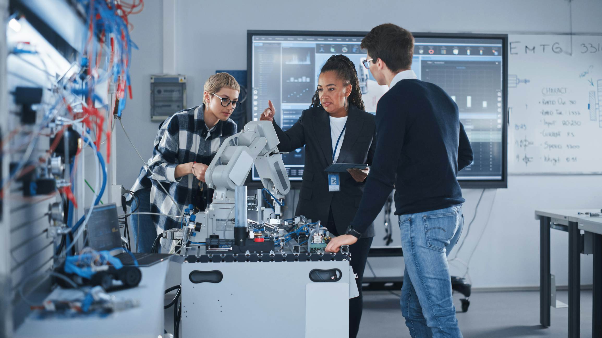 Teacher and students in a lab