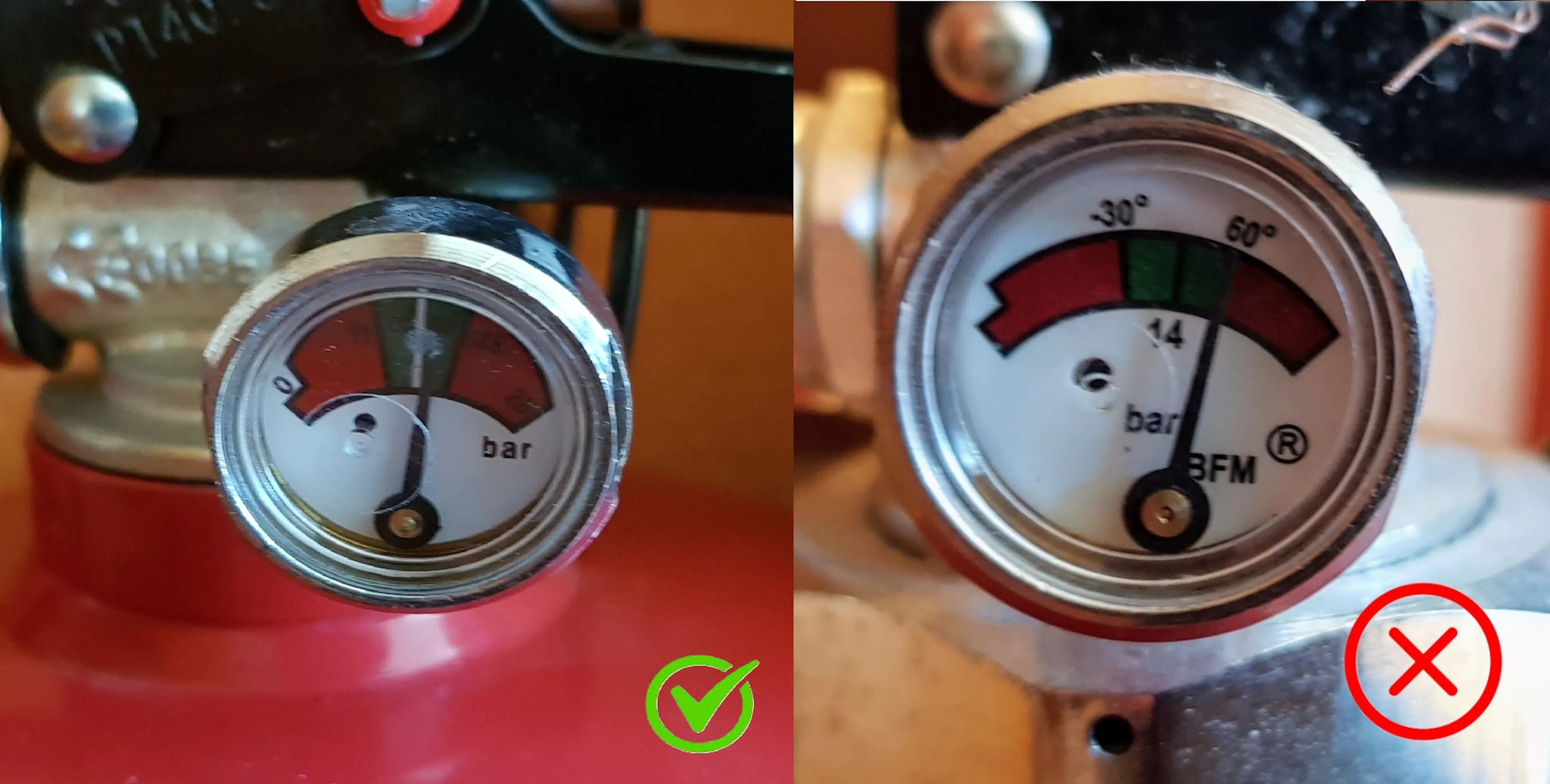 Sammenligning av manometer på brannslukker som viser korrekt trykk i grønt felt og feil trykk i rødt felt. Sammenligning av manometer på brannslukker som viser korrekt trykk i grønt felt og feil trykk i rødt felt.