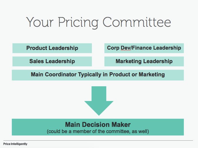 Recommended members of a pricing committee:
Leadership from product, sales, marketing, finance. Main coordinator - typically in product or marketing. And the main and final decision maker, who could be a member of the committee,