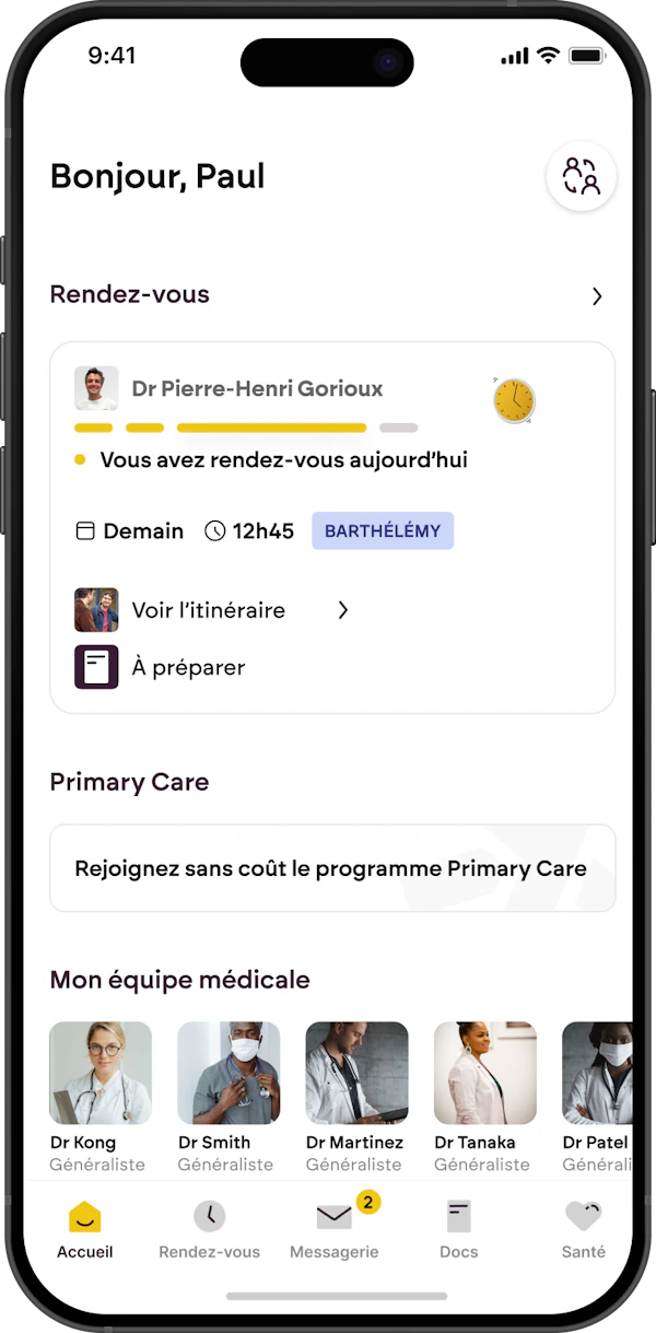 Screenshot of the Primary app interface showing the patient dashboard with a scheduled appointment for today and photos of their dedicated medical team.