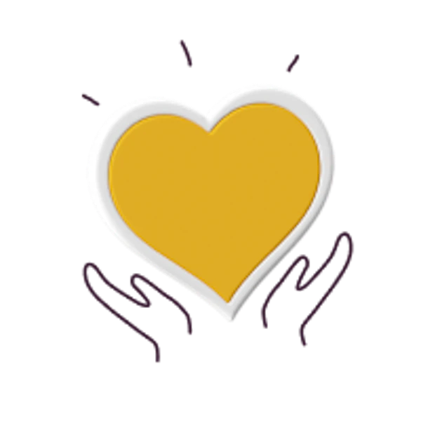 A friendly, half hand-drawn illustration of a yellow heart cradled by two hands, symbolizing personalized care and support.
