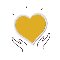 A friendly, half hand-drawn illustration of a yellow heart cradled by two hands, symbolizing personalized care and support.