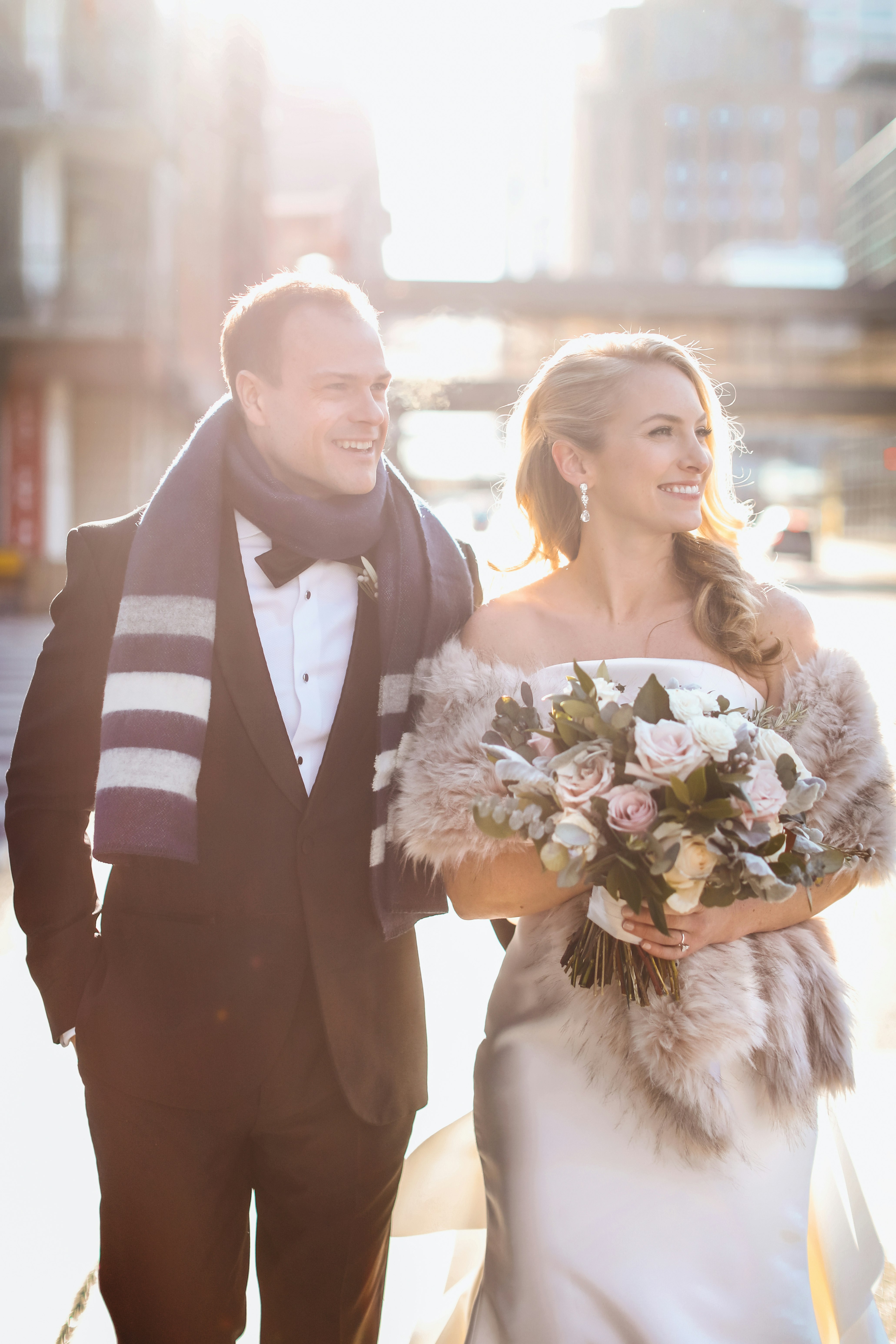 winter bride and groom