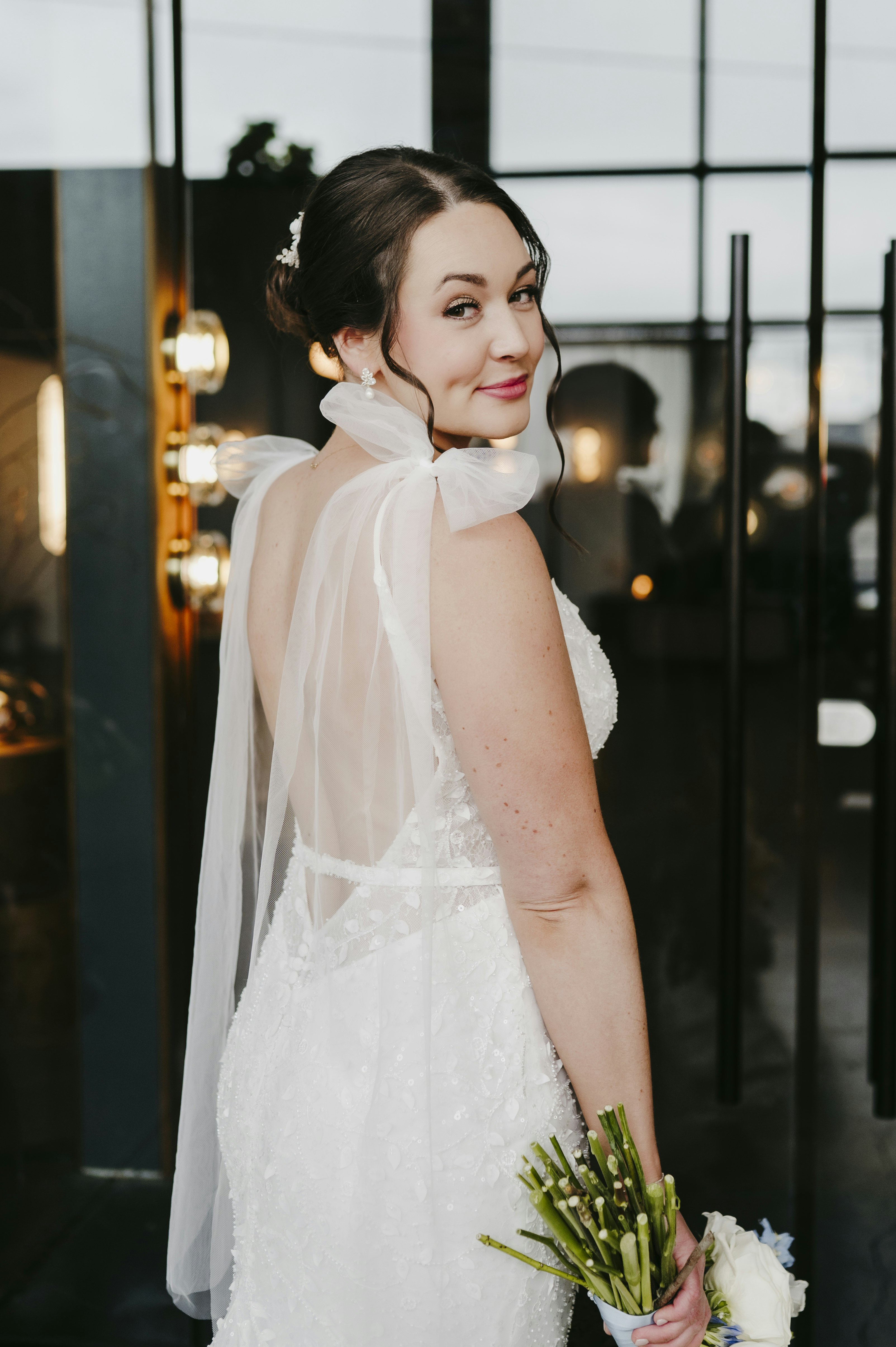 Bride looking over her shoulder