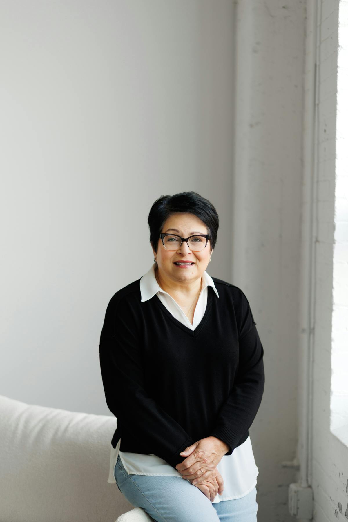 Short hair woman smiling headshot