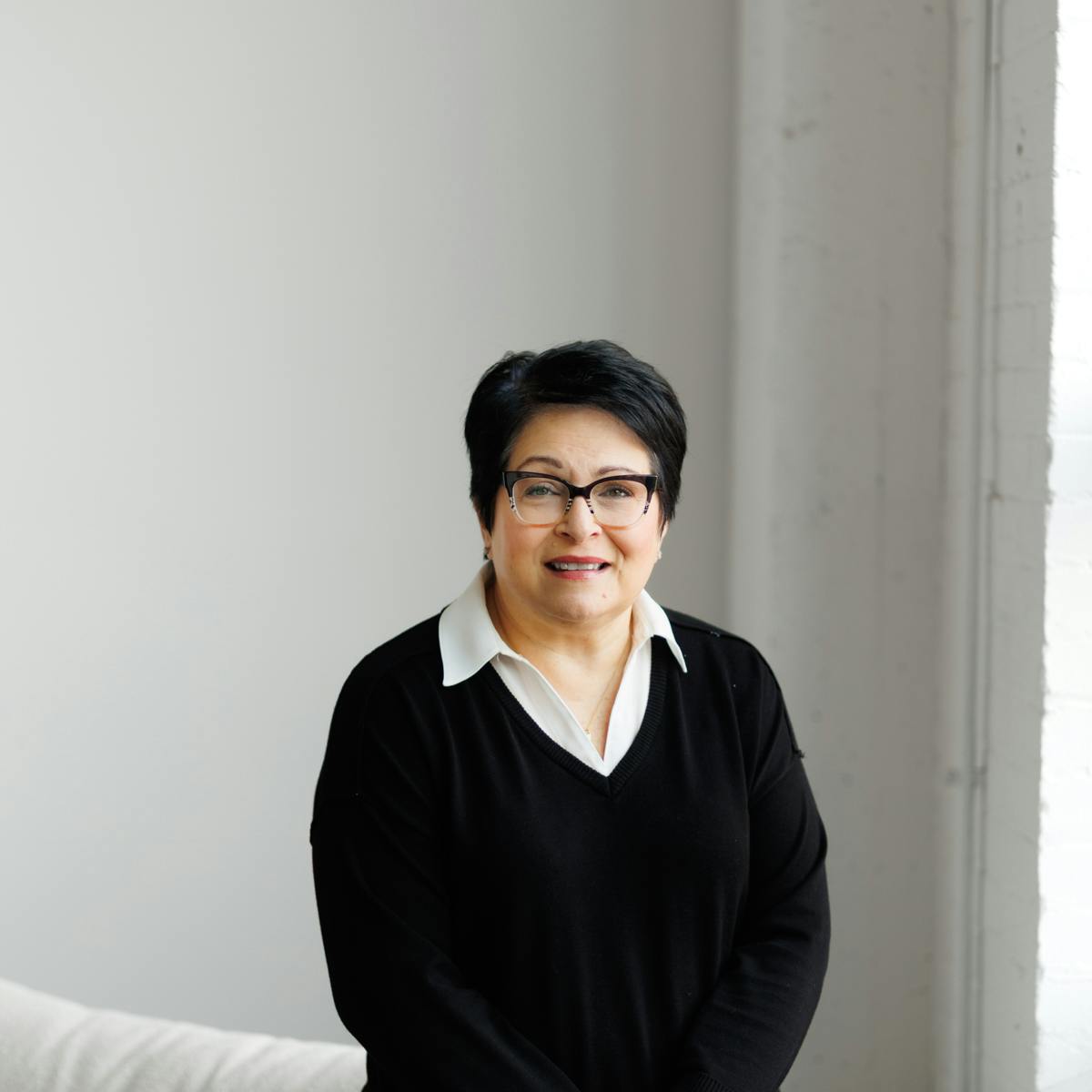 Short hair woman smiling headshot