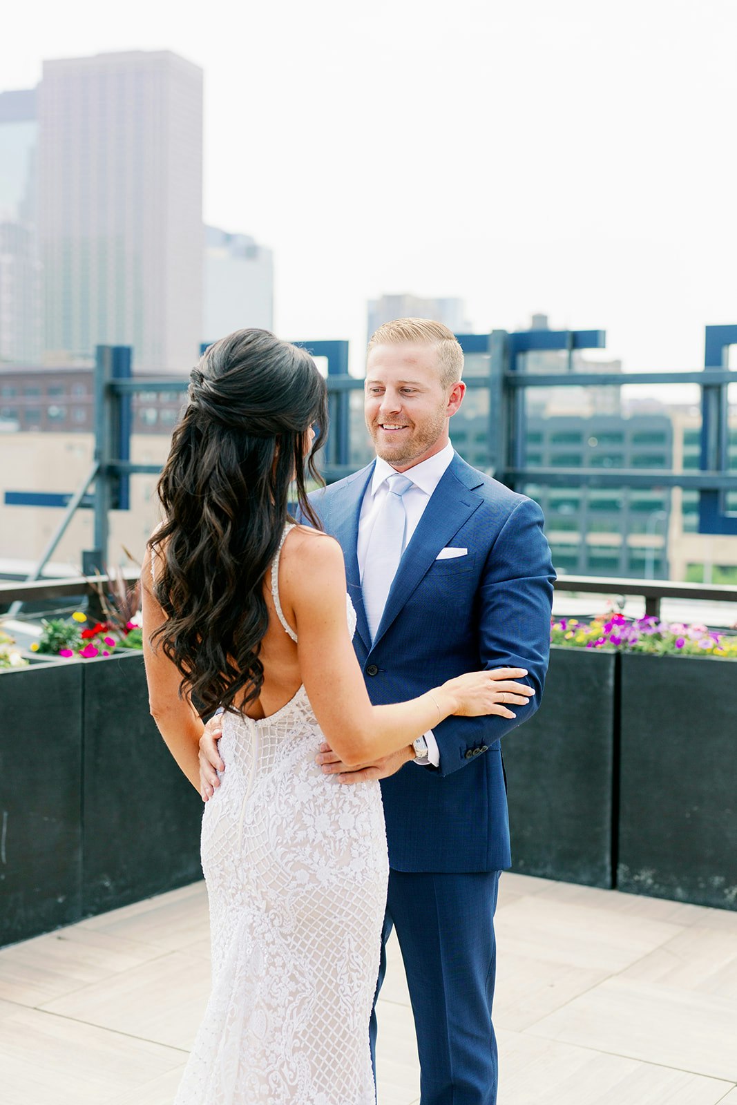 Boho glam bridal hair, half up, with groom at Hewing Hotel