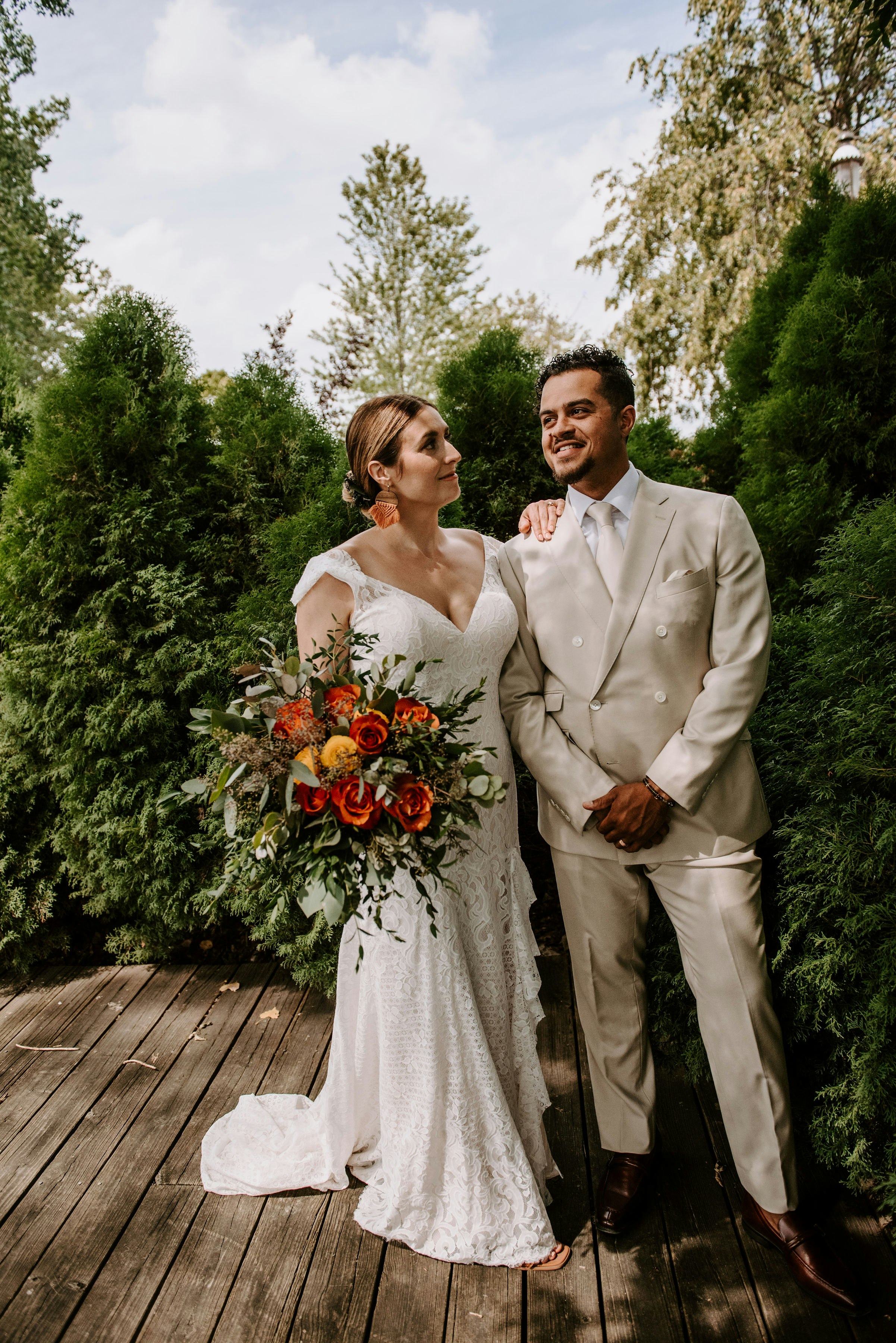 Modern bride and groom in summer