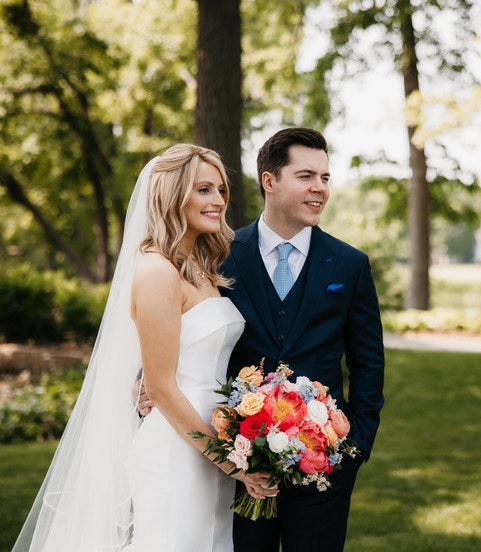 Modern bride and groom in Twin cities at summer