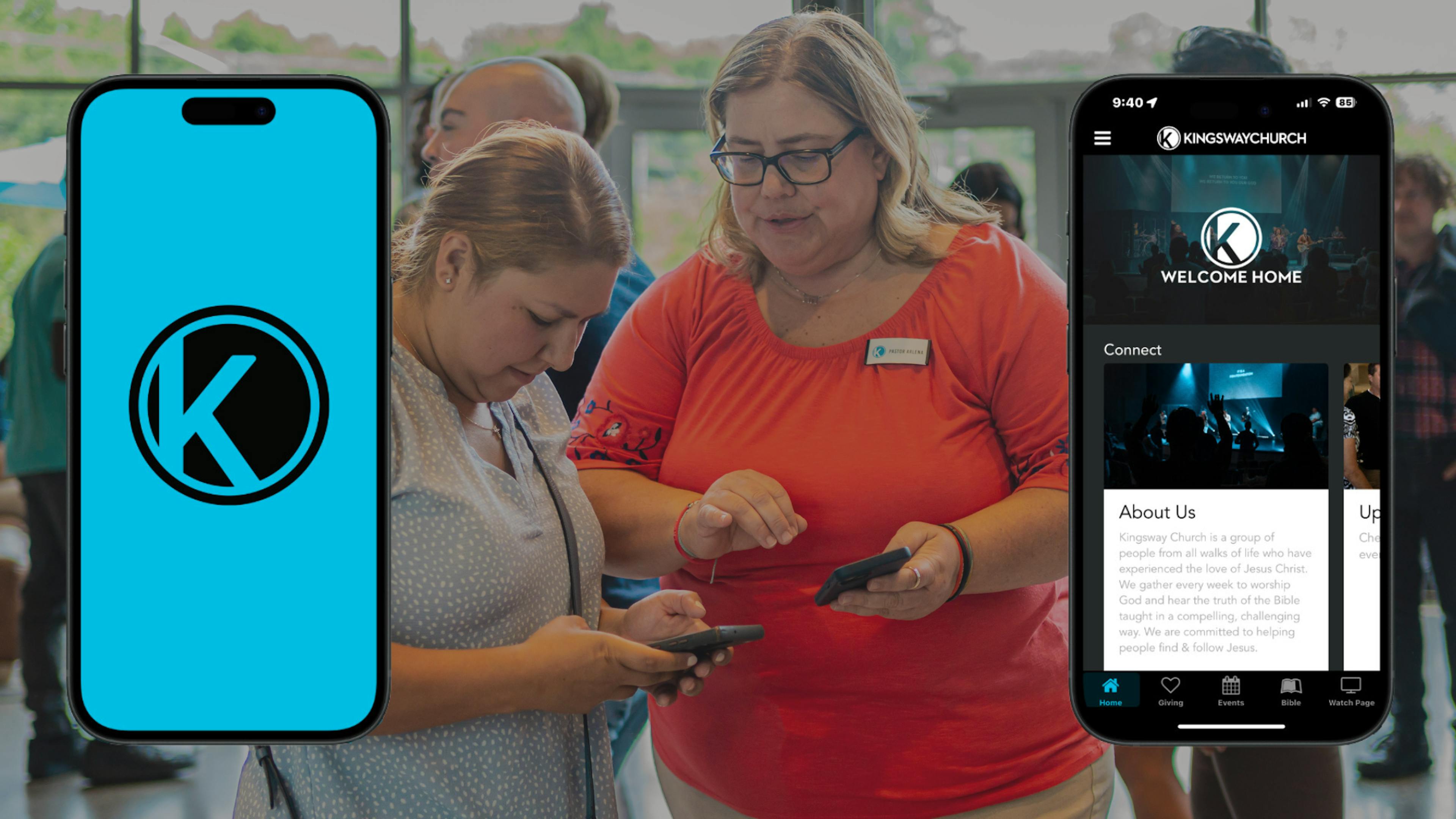 A pic of a woman and Pastor Arlena showing her something on their phones. In the foreground are screenshots of Kingsway's App