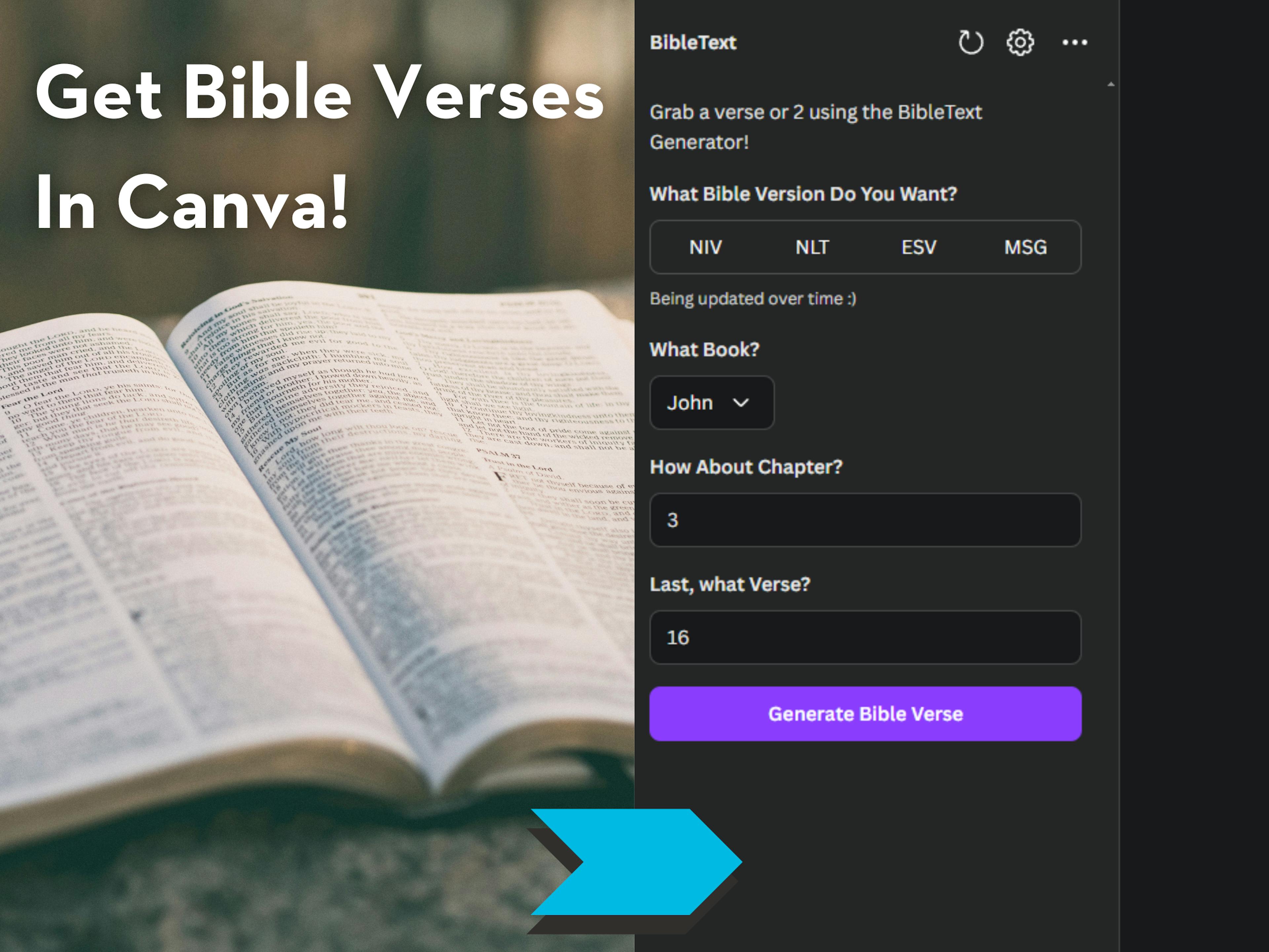 A promotional image of BibleText displaying what it does, imports bible verses automatically into Canva, a graphic design software!