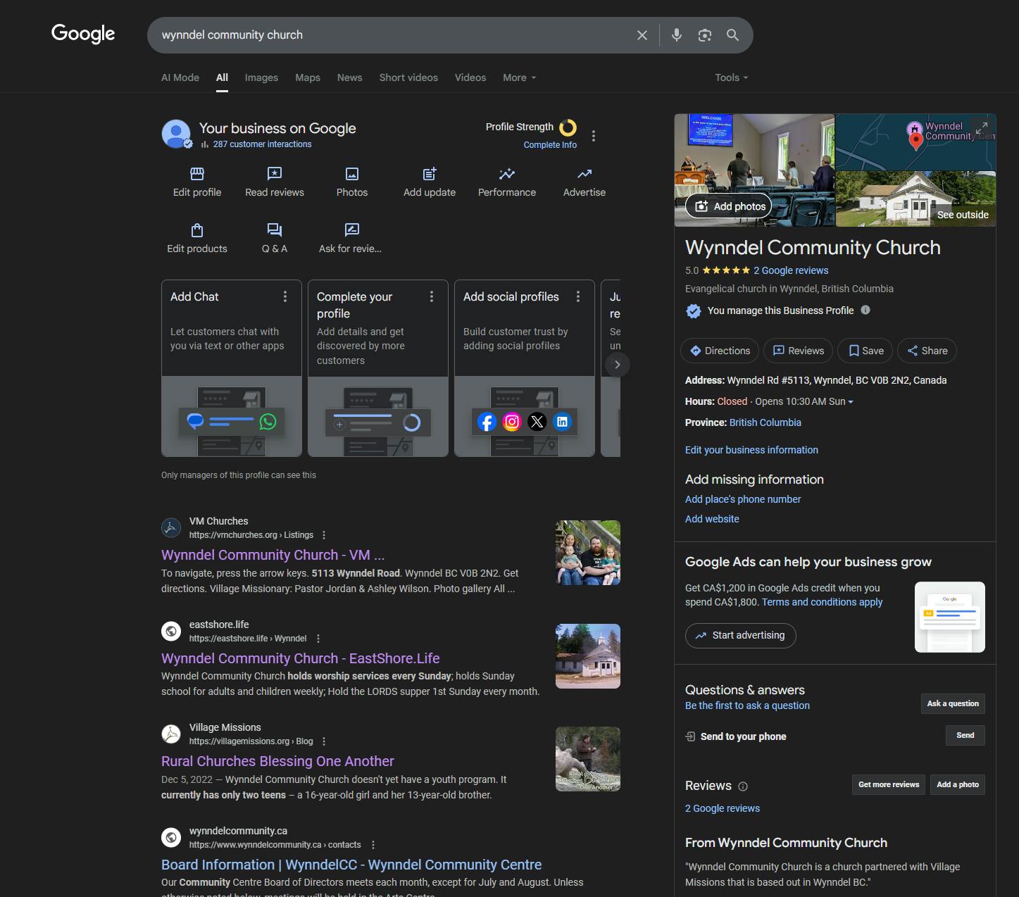 The Google Business Profile of Wynndel Community Church