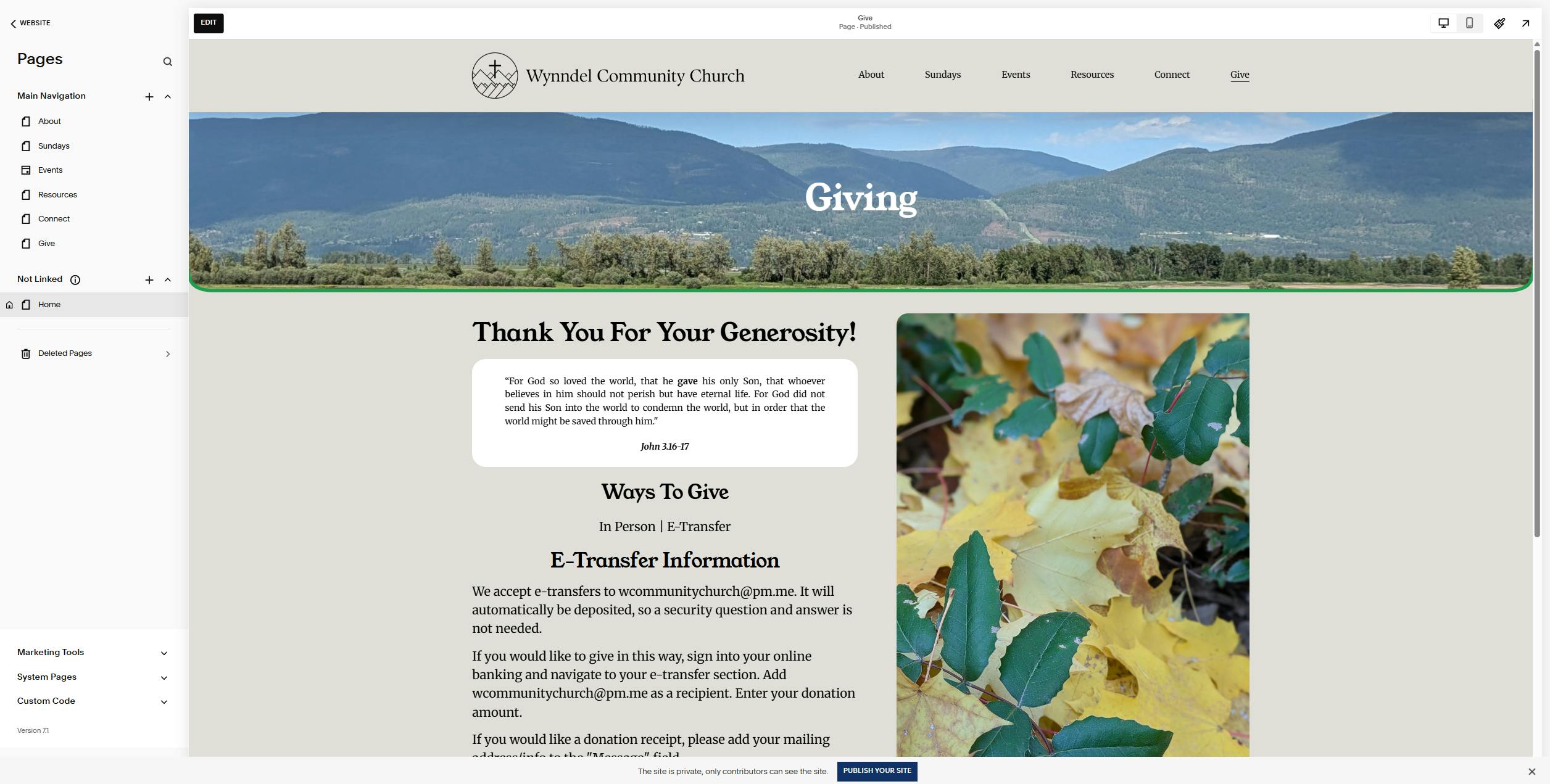 Giving page of Wynndel Community Church