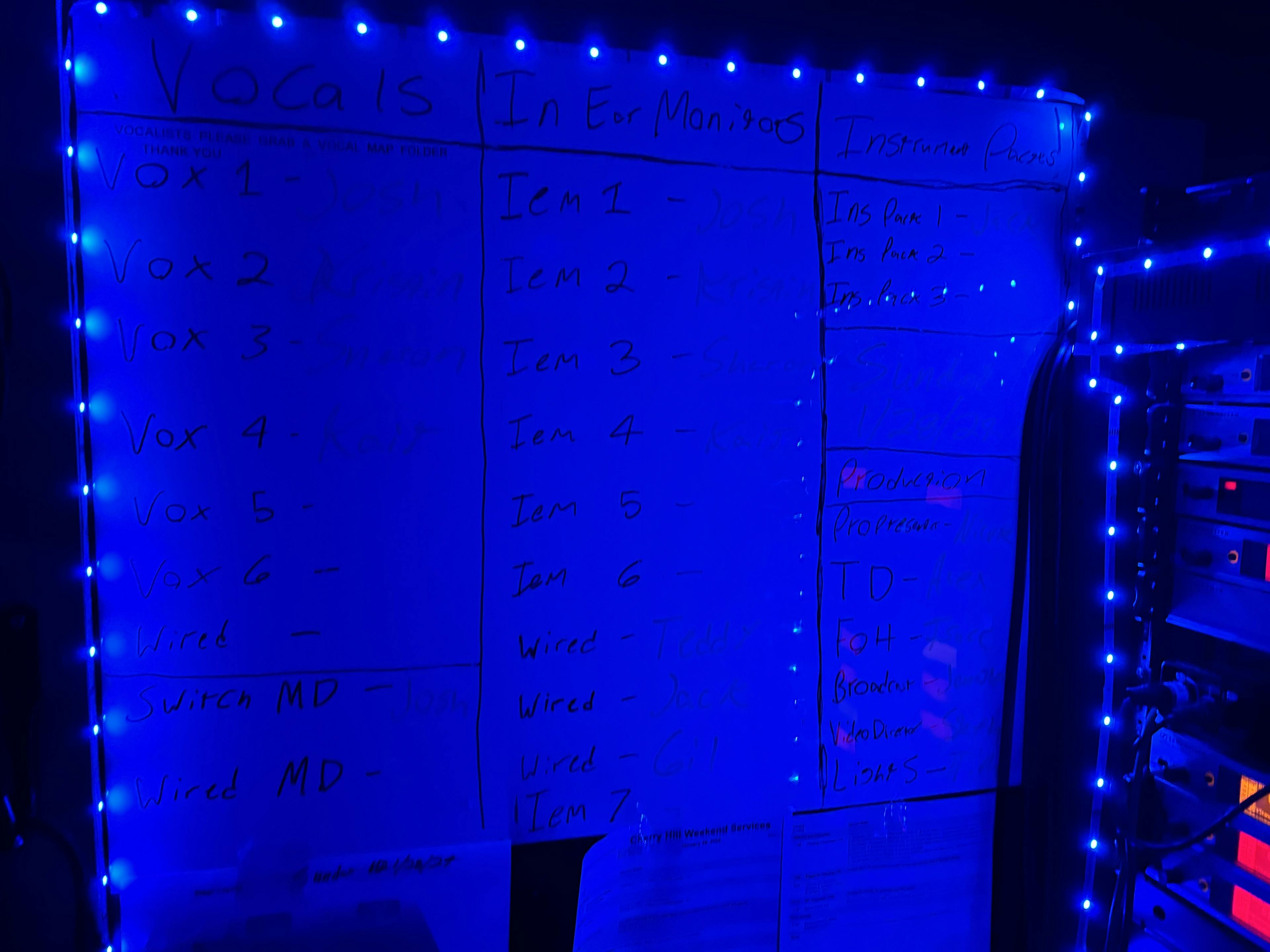 The Original Whiteboard describing all mic and monitor assignments for Kingsway Church's worship band!