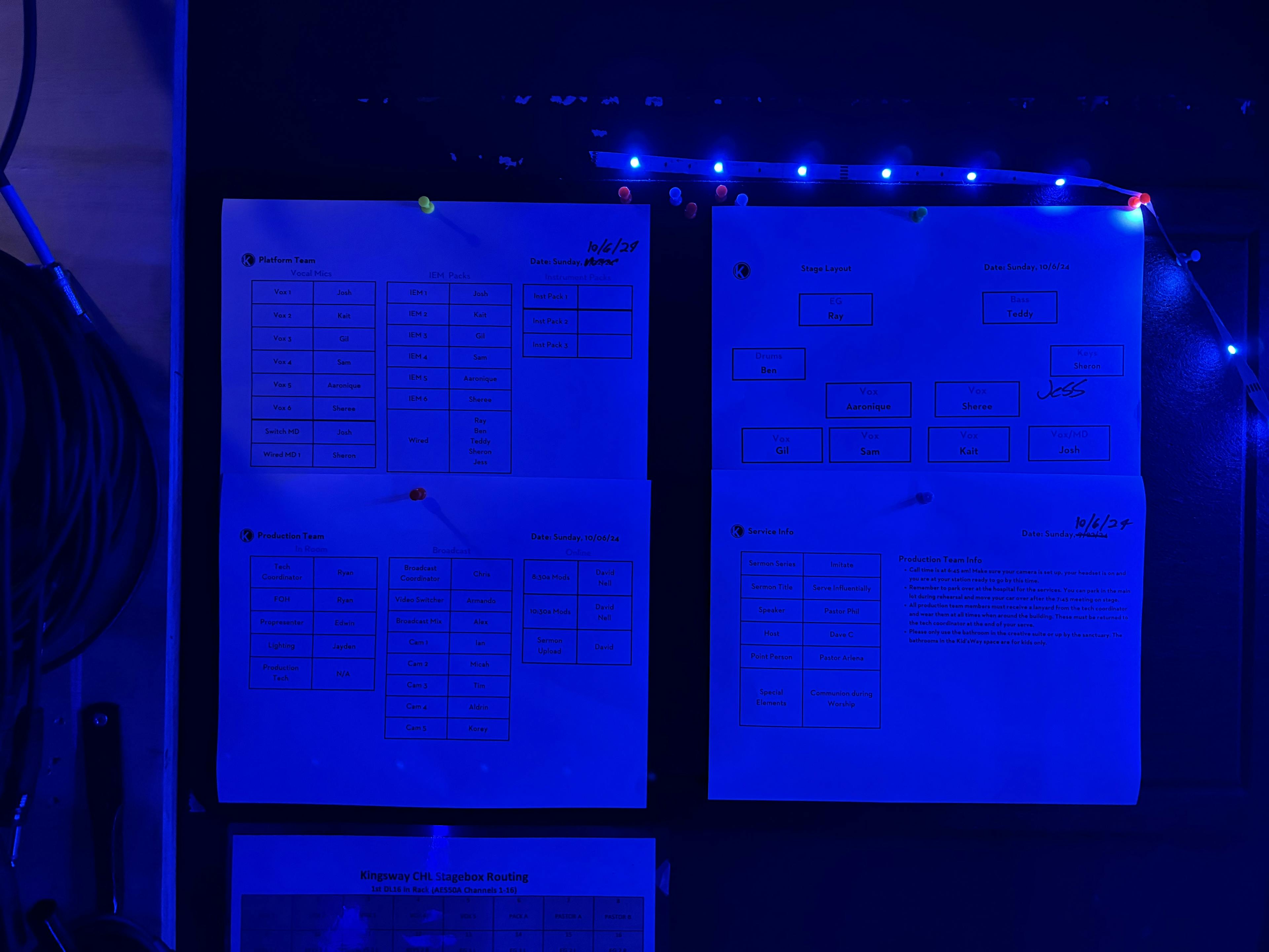 Paper Copy describing all mic and monitor assignments for Kingsway Church's worship band!
