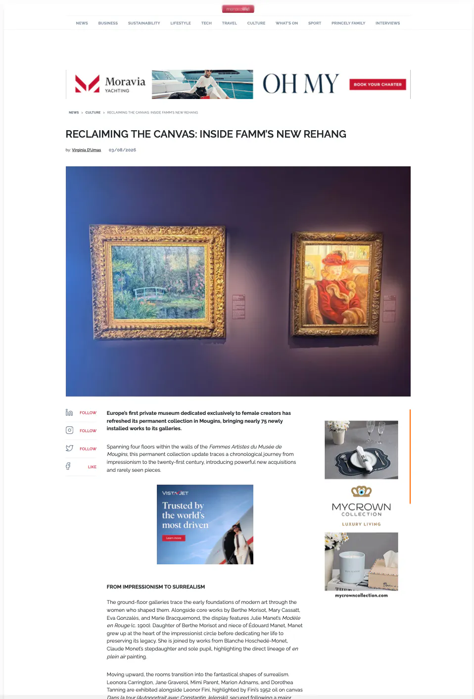 Screenshot of the Monaco Life article "Reclaiming the Canvas: Inside FAMM's New Rehang"