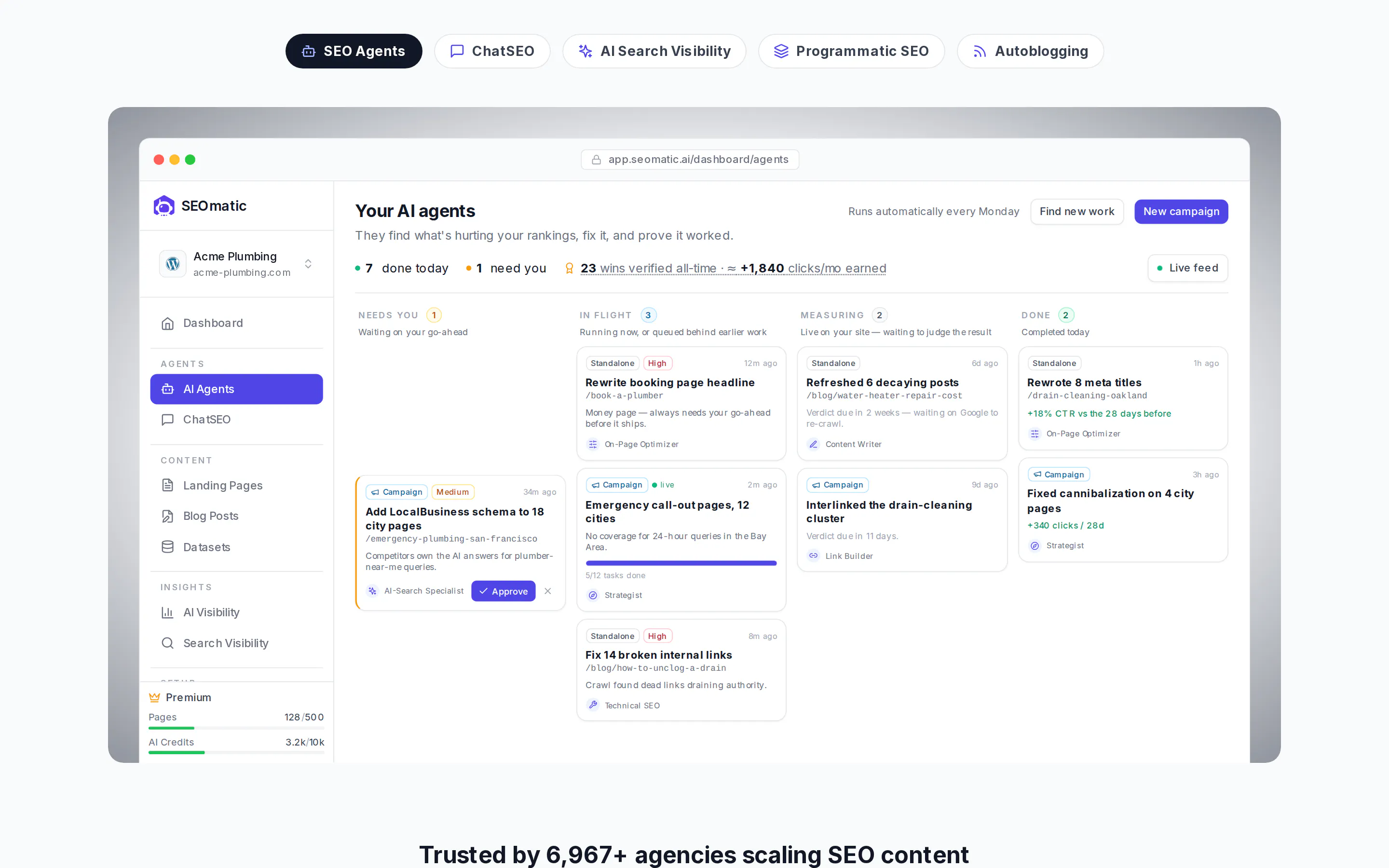 SEOmatic AI agents dashboard showing content tasks moving through needs-you, in-flight, measuring and done columns, with campaigns for city pages, internal links and title rewrites