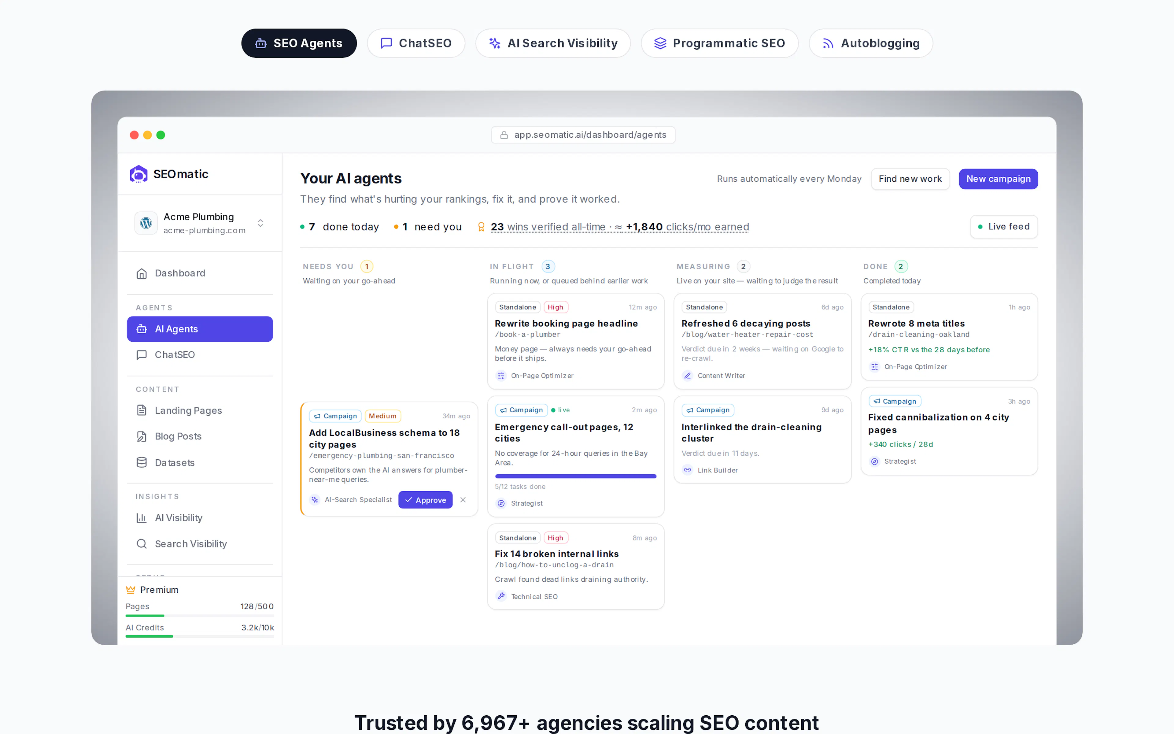 SEOmatic AI agents dashboard showing content tasks moving through needs-you, in-flight, measuring and done columns, with campaigns for city pages, internal links and title rewrites
