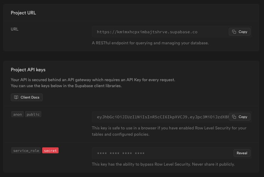 An image of API keys in Supabase.