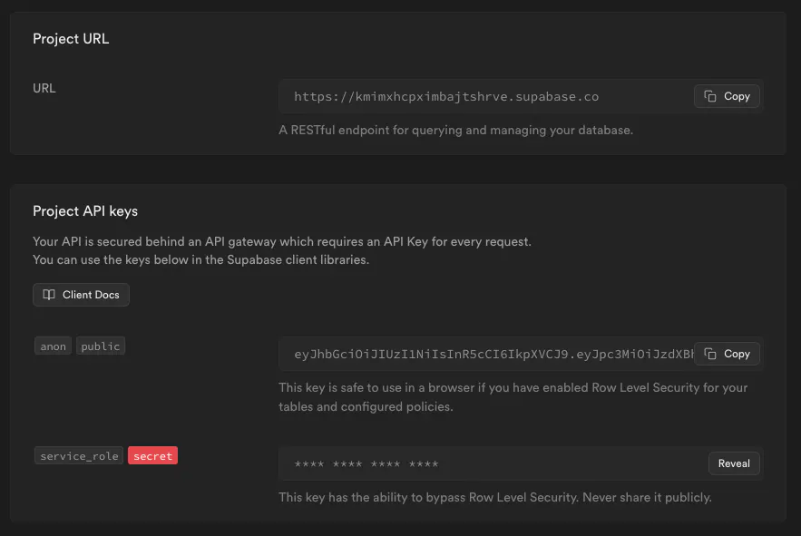 An image of API keys in Supabase.