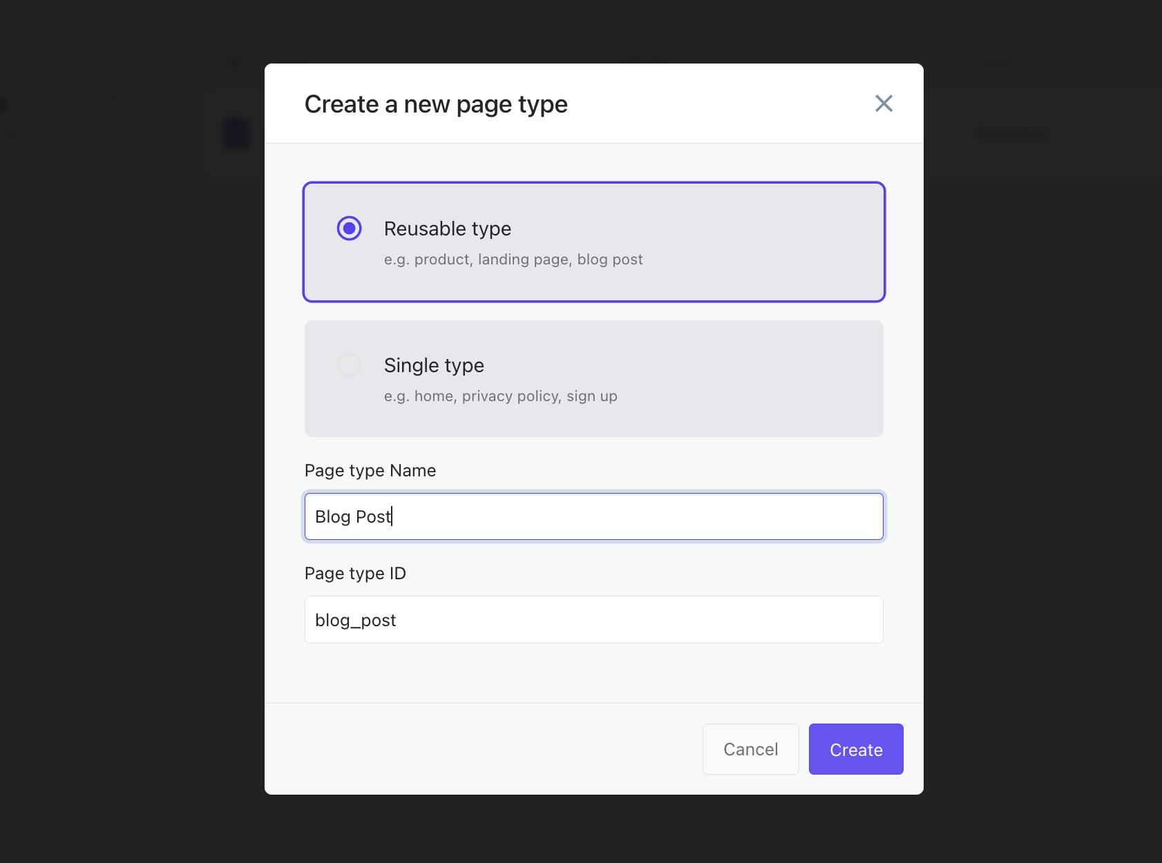 An image of creating a Blog Post page type in Slice Machine.