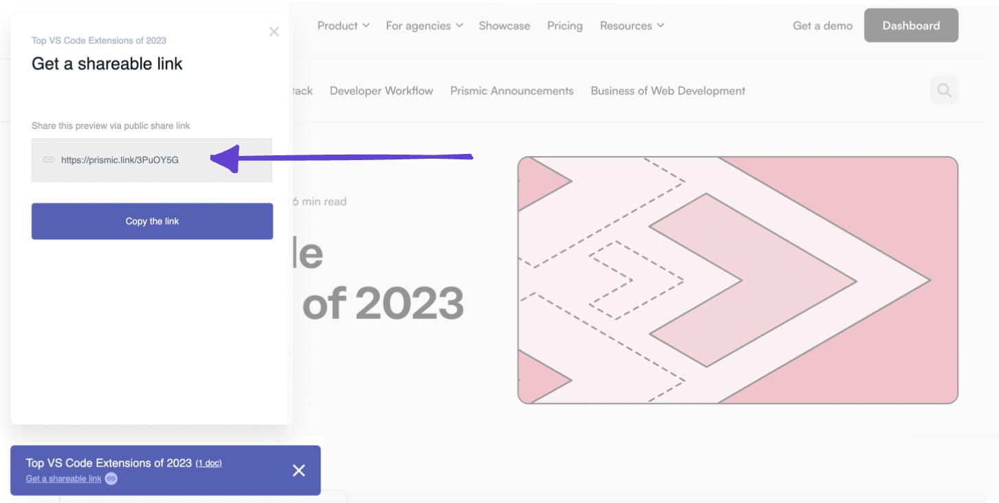 An image showing a shareable link on the frontend of a Prismic site.