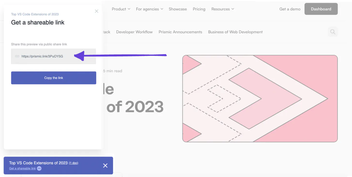 An image showing a shareable link on the frontend of a Prismic site.