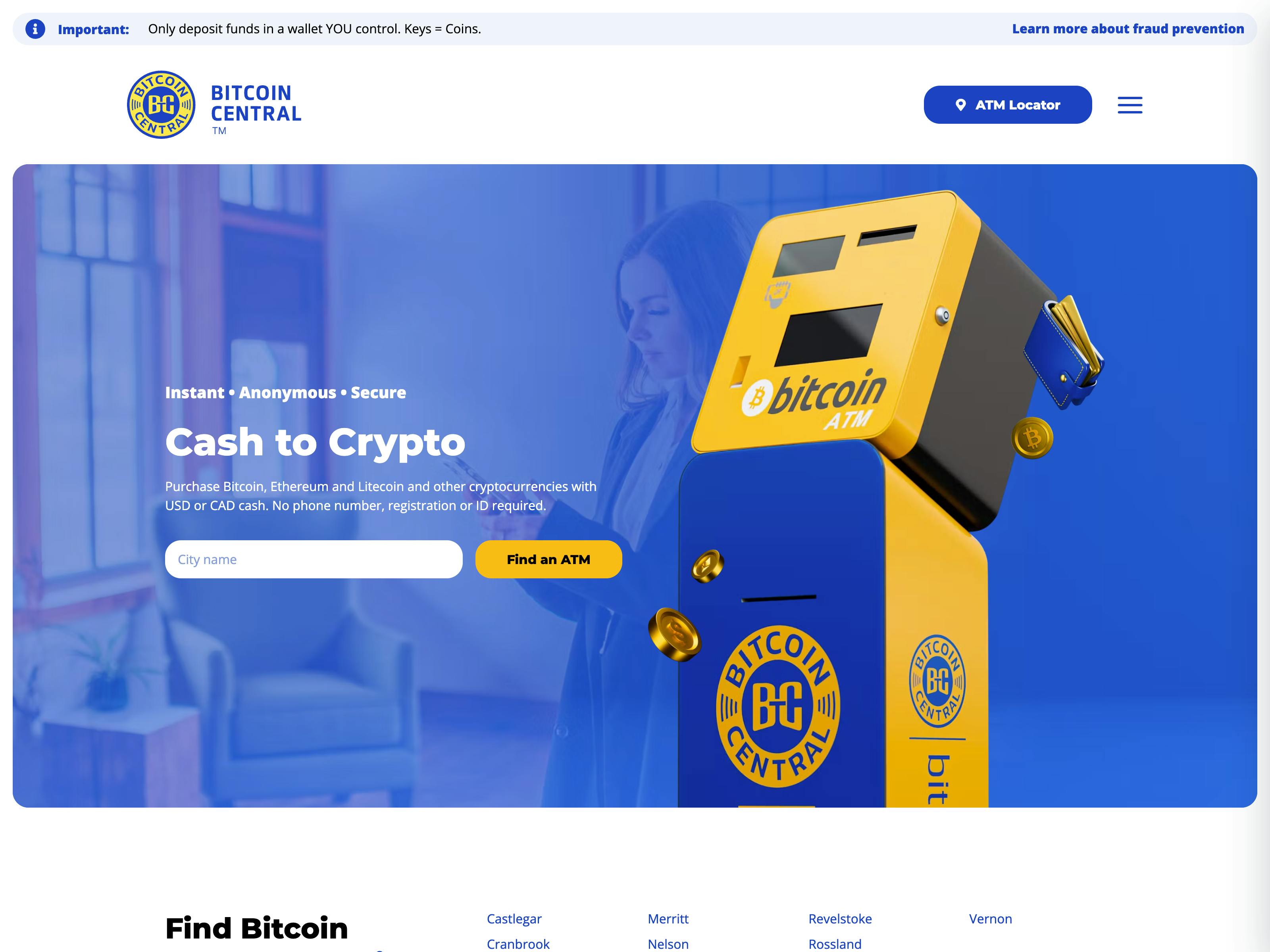 Bitcoin Central ATM website screenshot