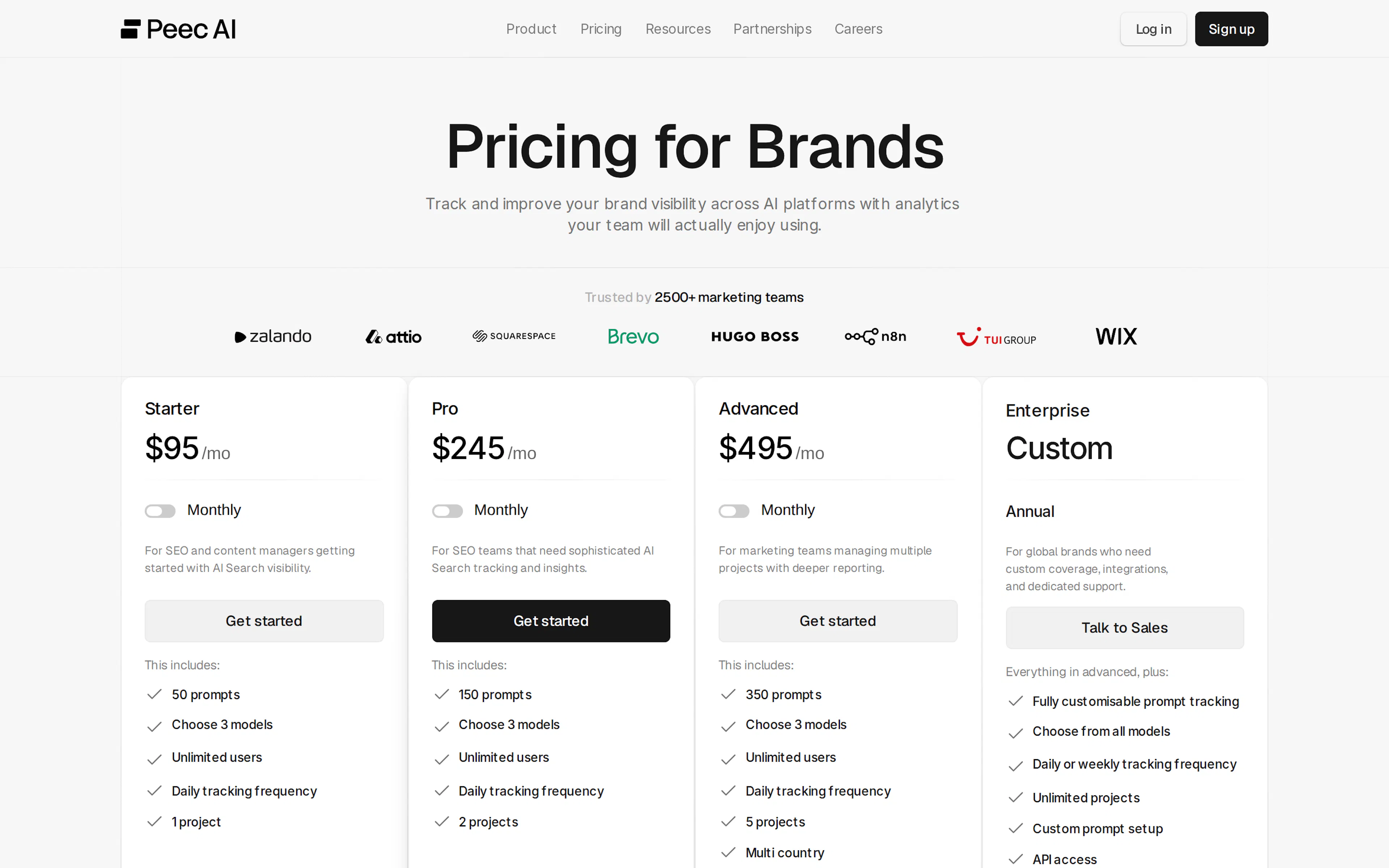 Peec AI pricing page showing Starter at $95 per month with 50 prompts and a choice of three models, Pro at $245 with 150 prompts, and Advanced at $495 with 350 prompts, all with unlimited users
