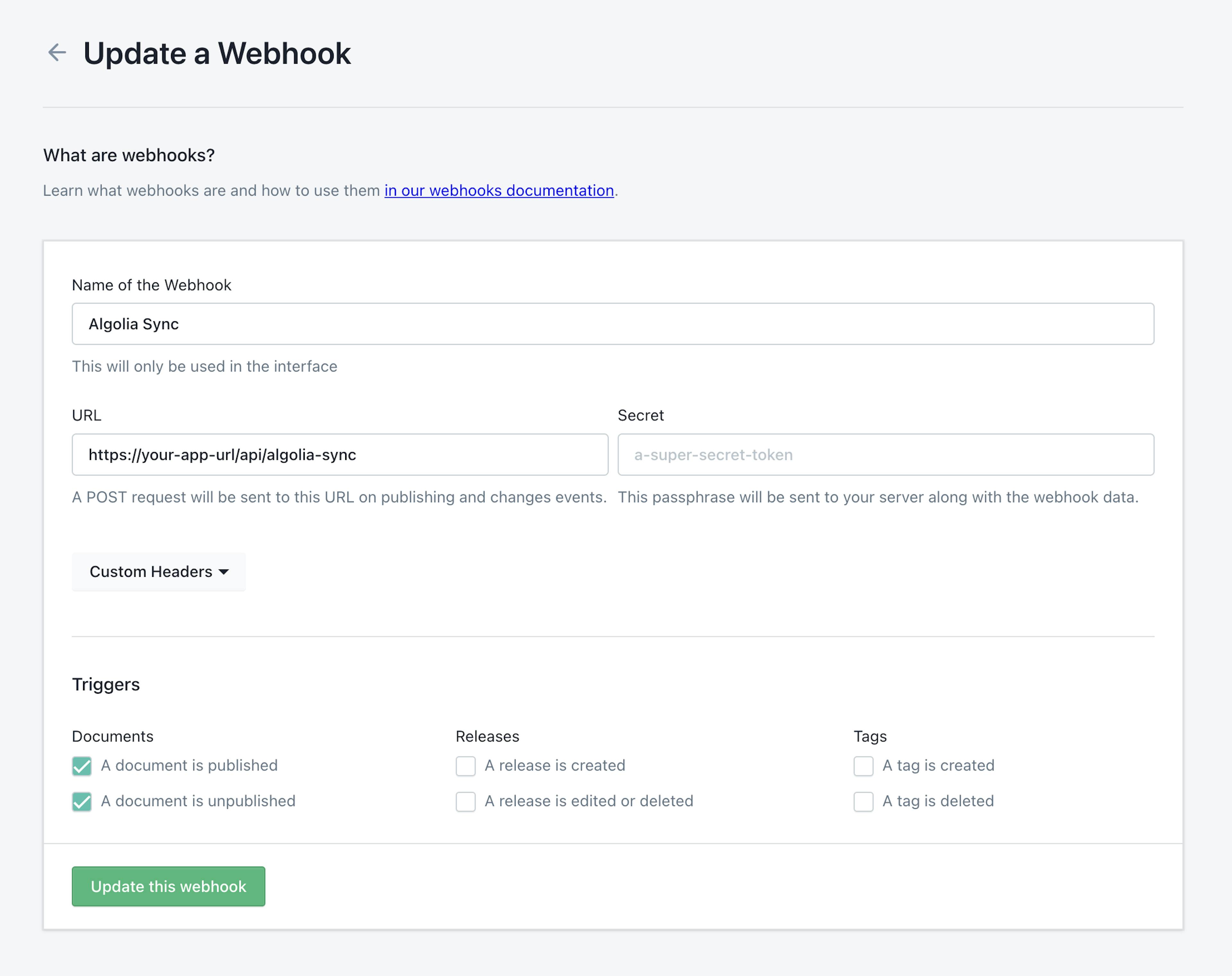 An image of the webhook dashboard in Prismic.