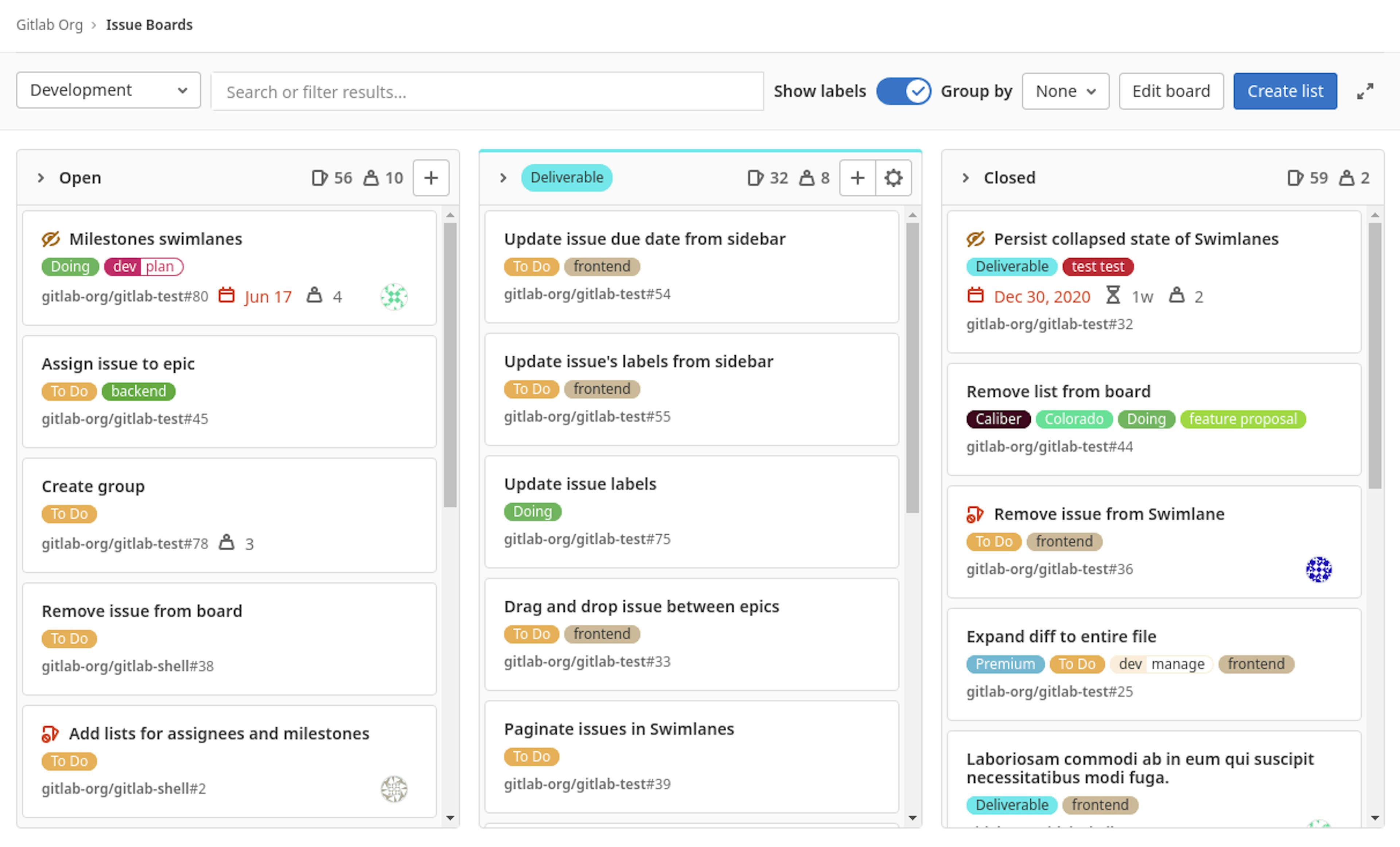 An image of a GitLab project example board.