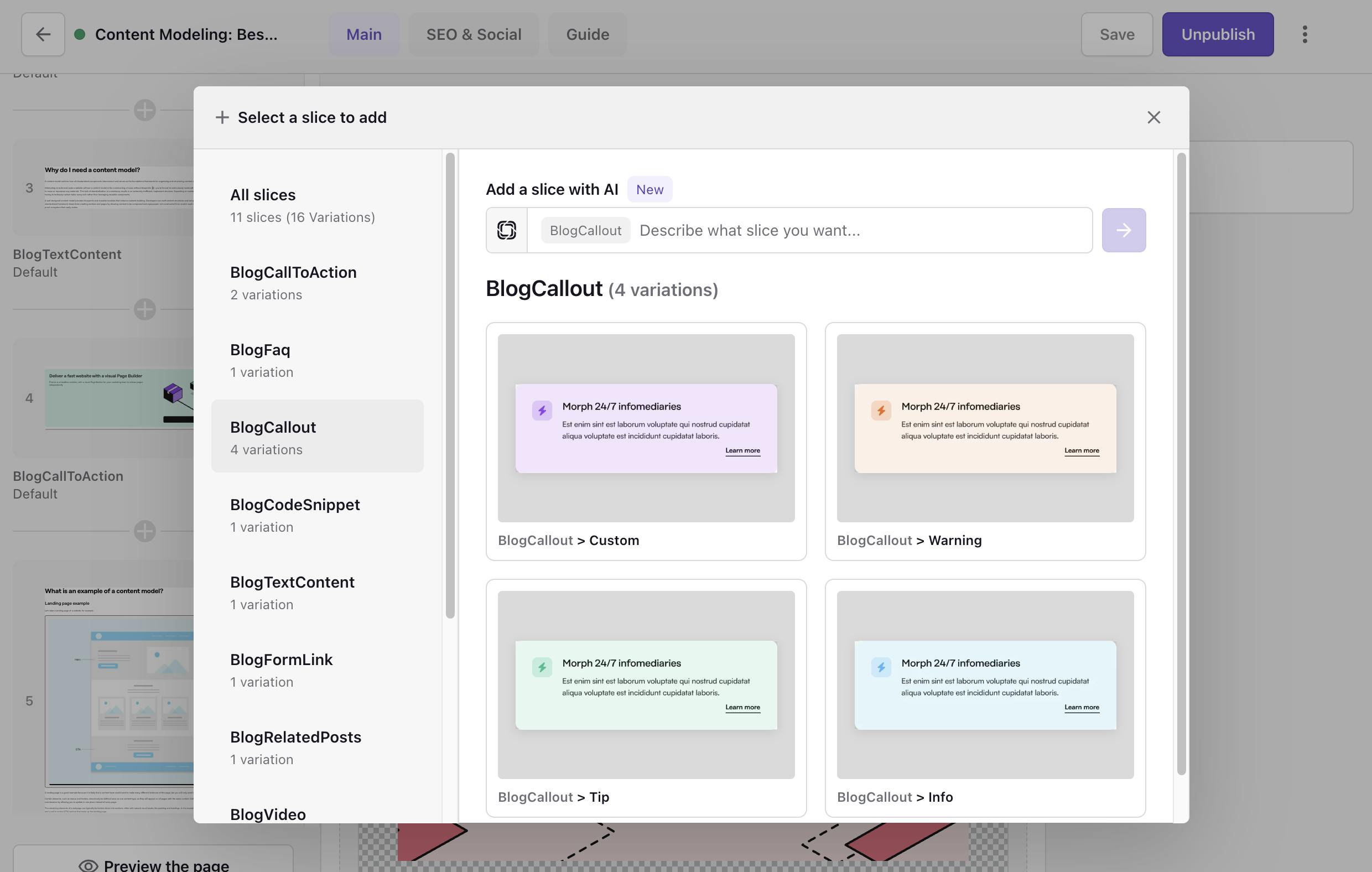 An image of slice variations in the Prismic Page Builder.