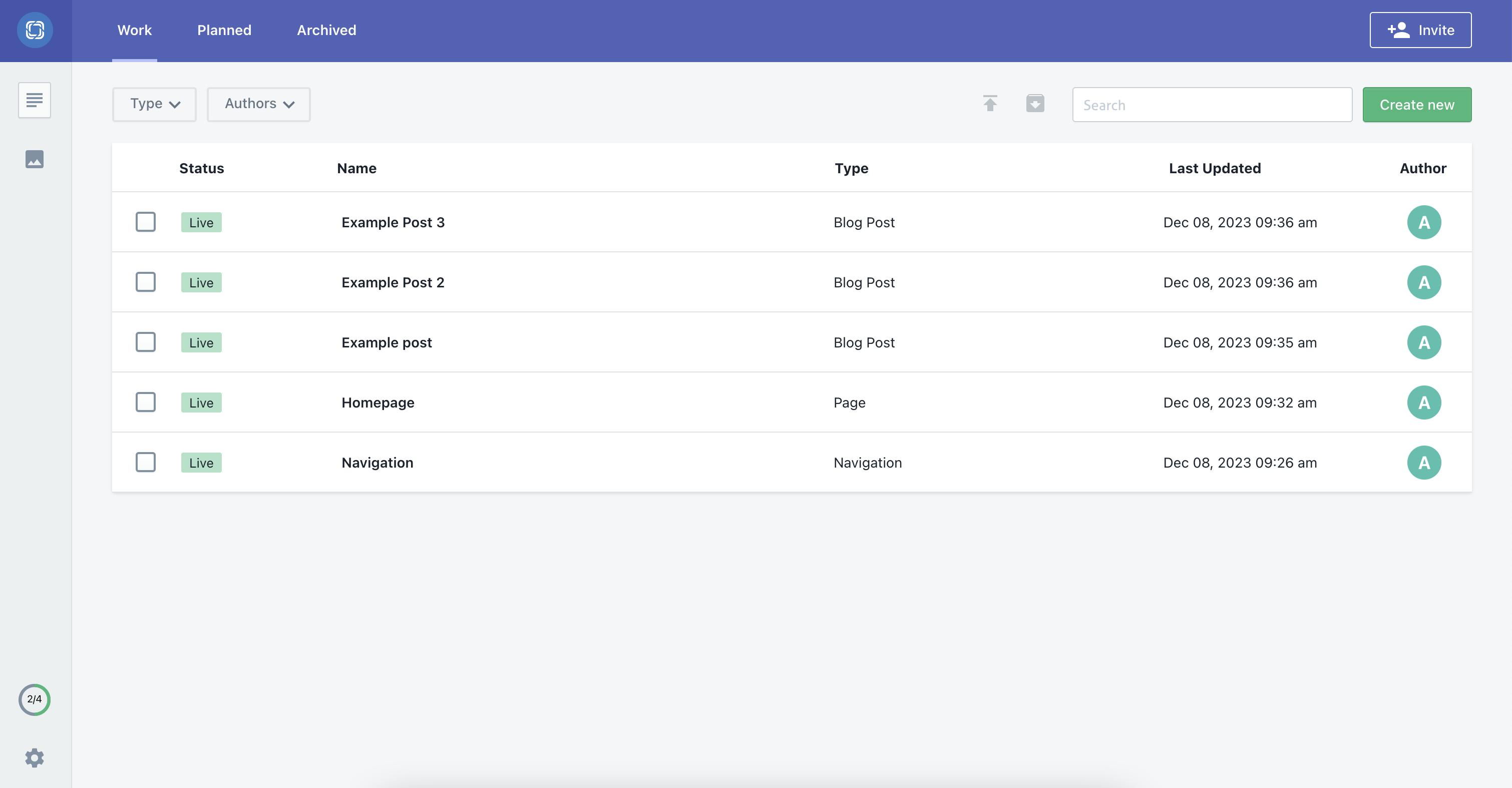 An image of our documents in the Prismic dashboard.