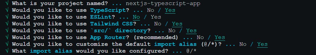 An image of the config options when setting up a Next.js TypeScript project.