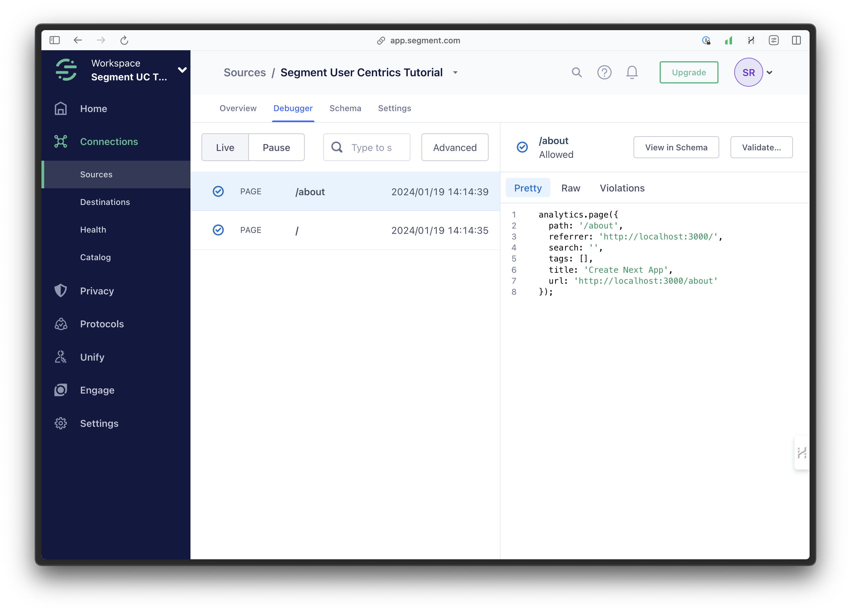 An image of the debugger tab in Segment.