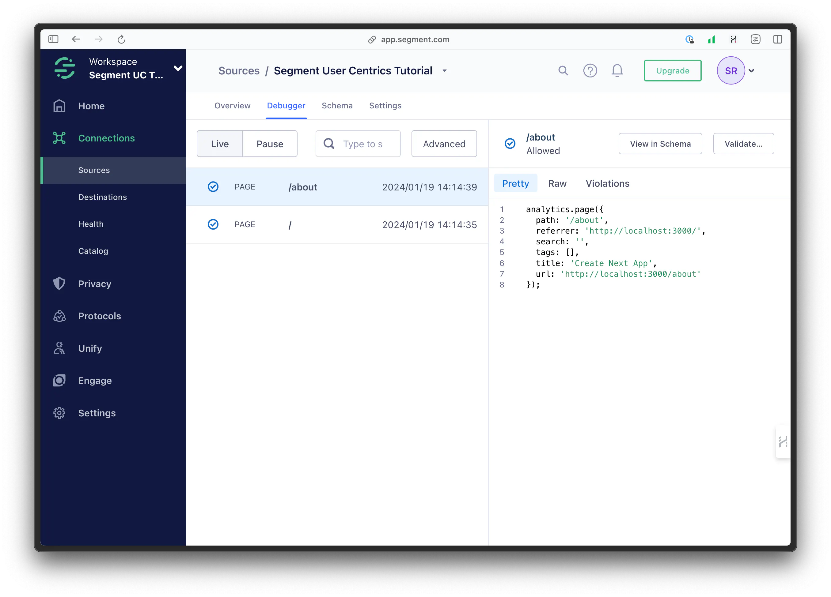 An image of the debugger tab in Segment.