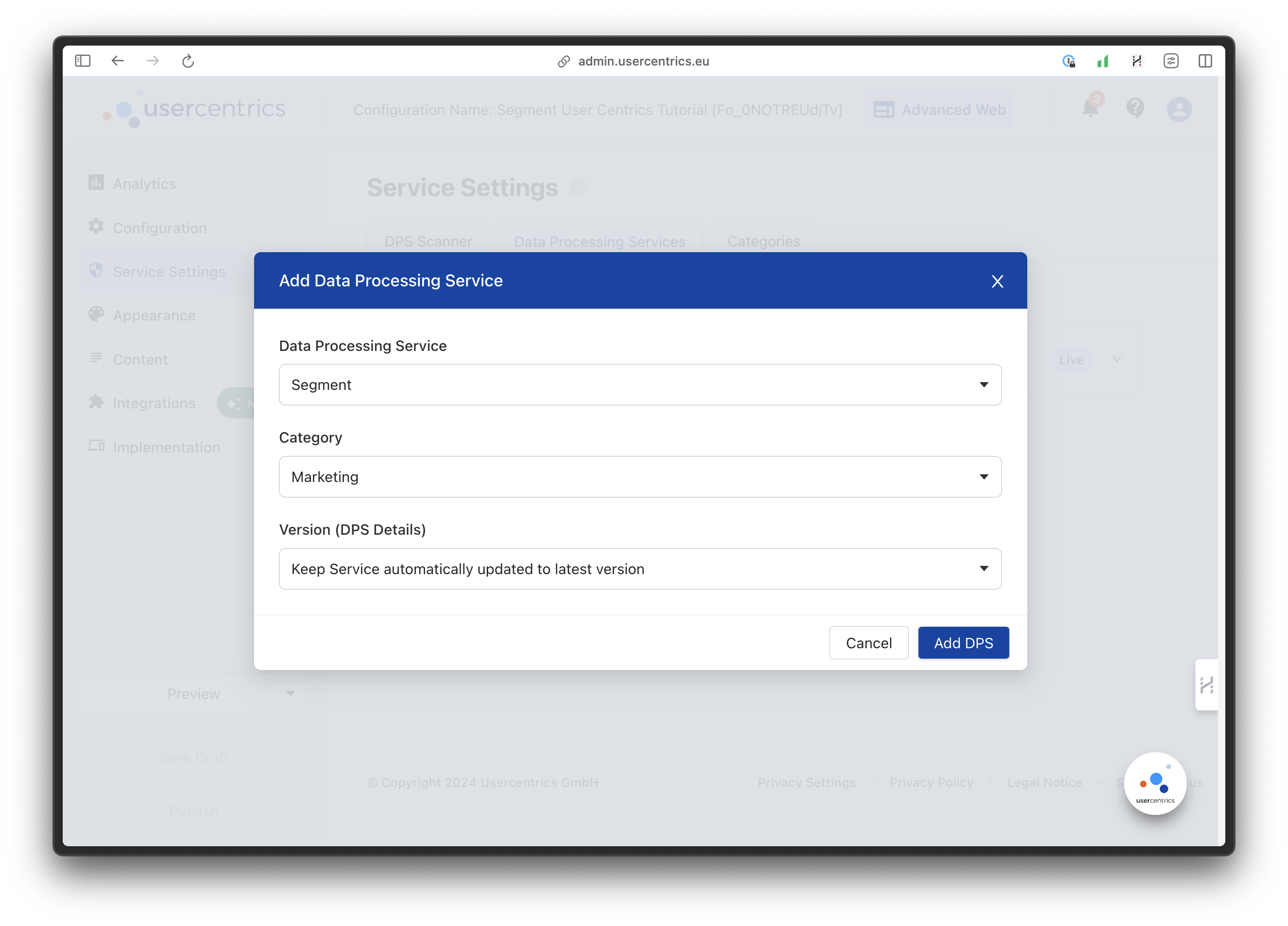 An image of the data processing service on the frontend.