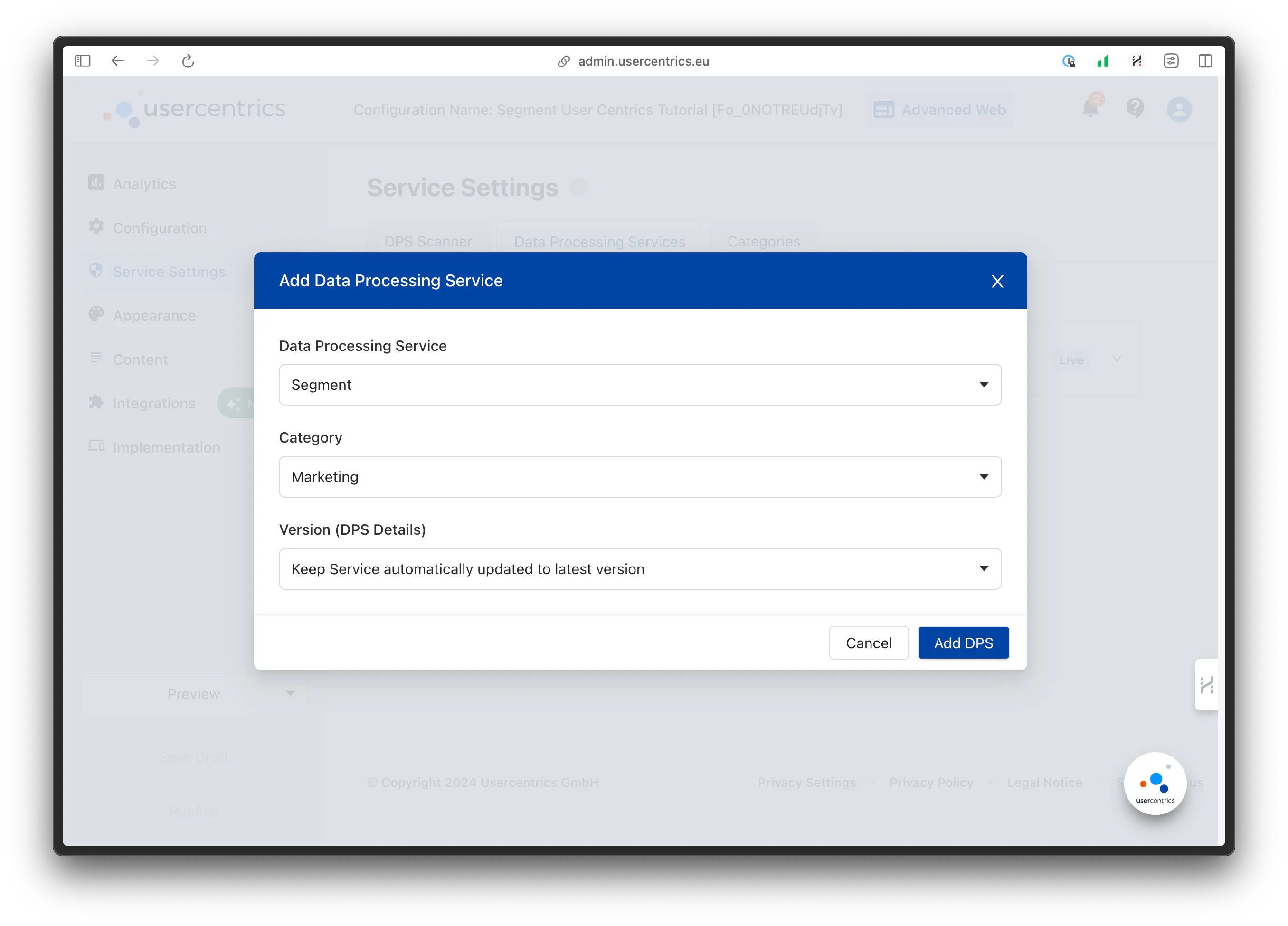 An image of the data processing service on the frontend.