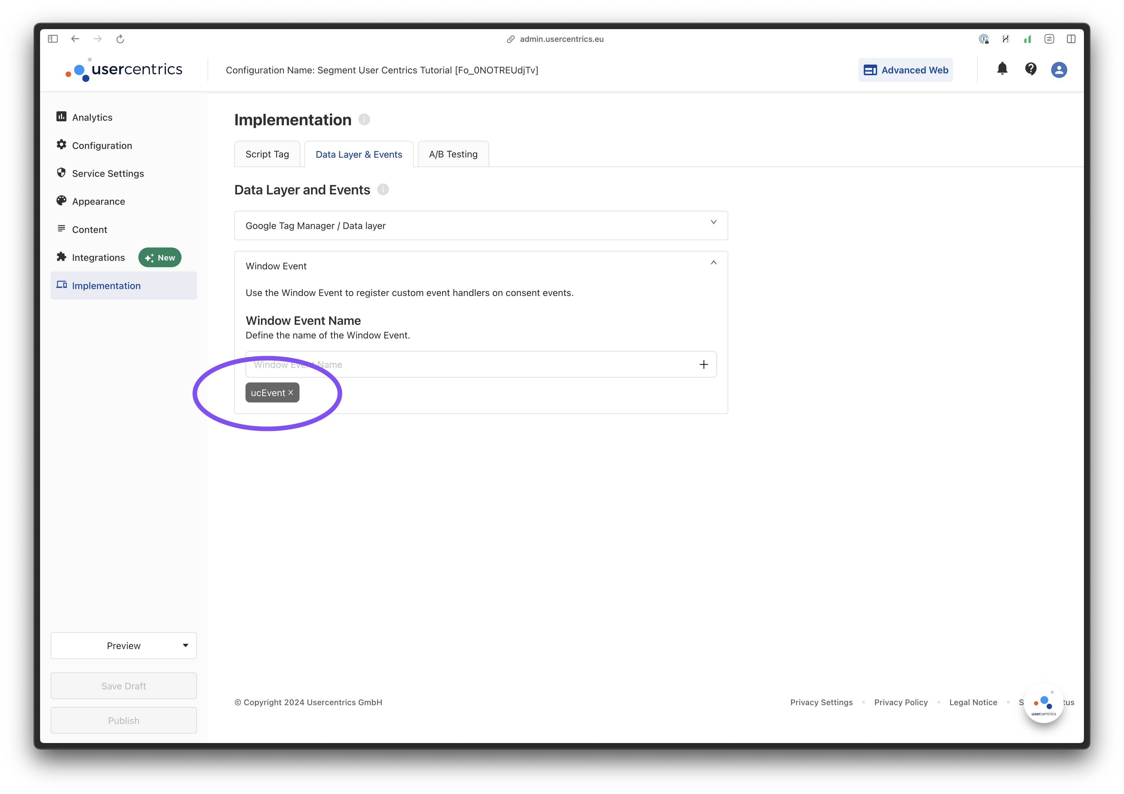 An image of the Segment 'Implementation' tab.