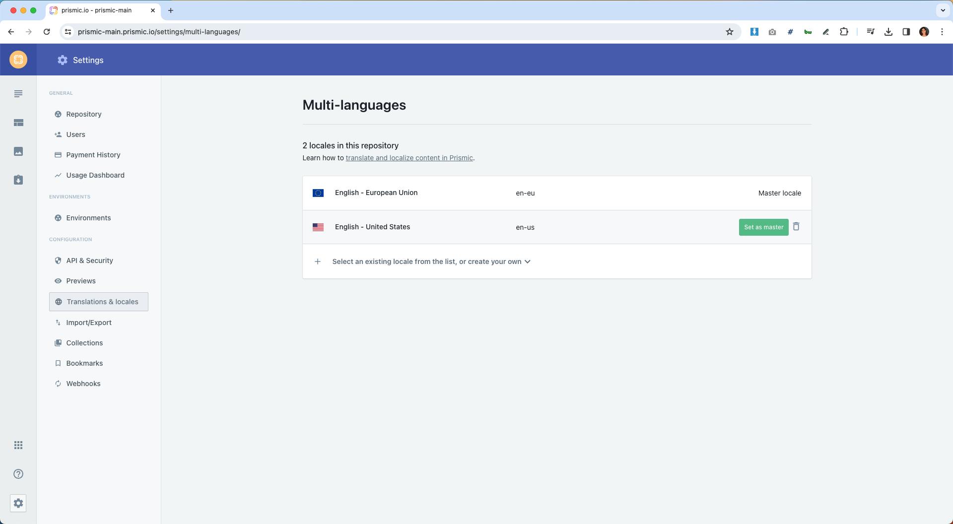 An image of locale management in the Page Builder.