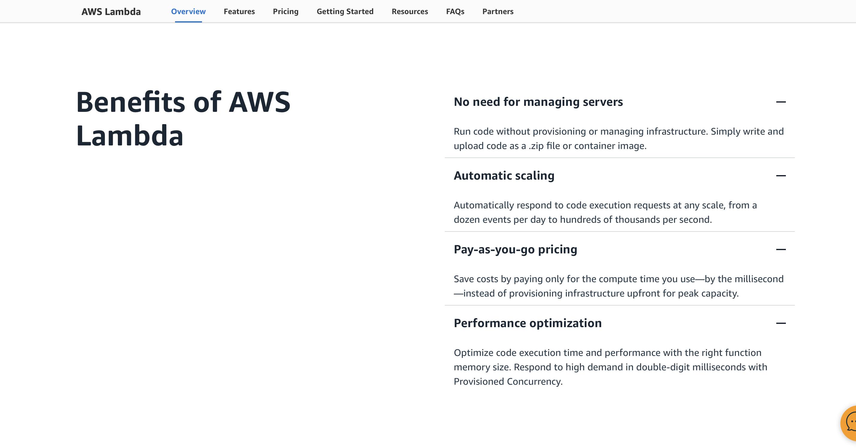 An image of the benefits of AWS lambda page.