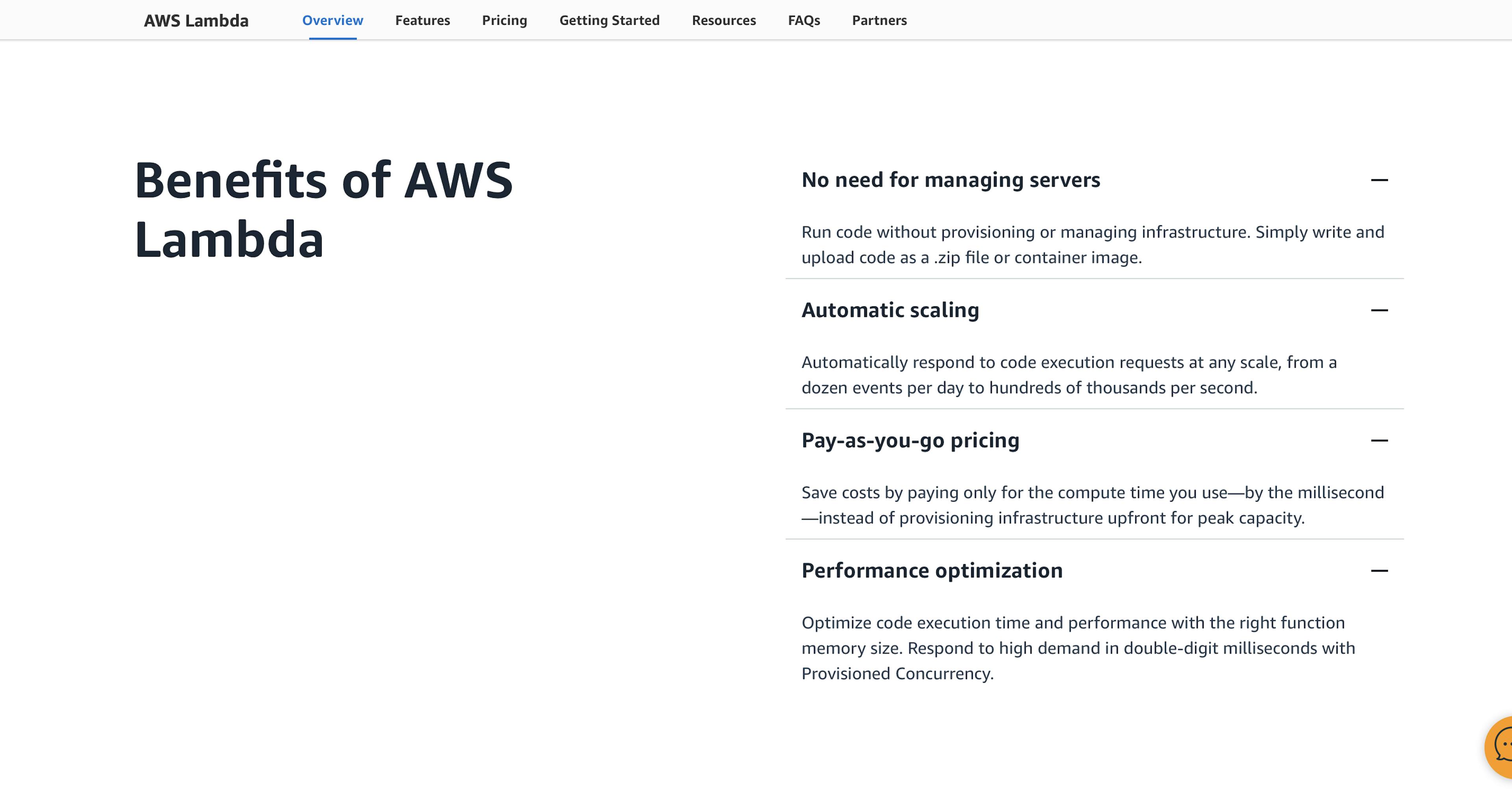 An image of the benefits of AWS lambda page.